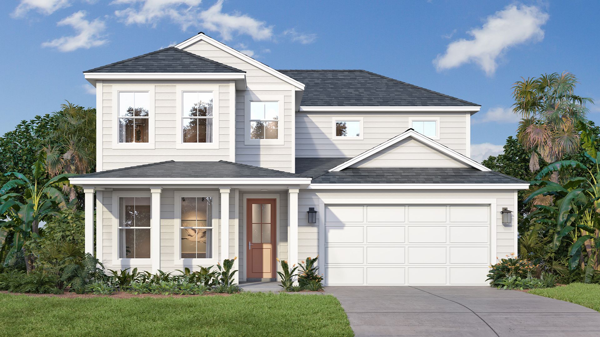 Plumeria Coastal elevation offers charming coastal-inspired curb appeal with elegant architectural details.
