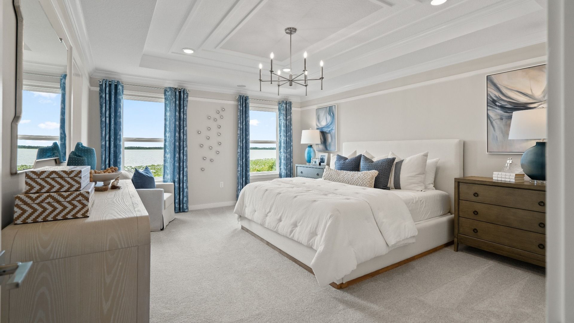 DRB Homes Model Home Interior fully decorated primary bedroom.