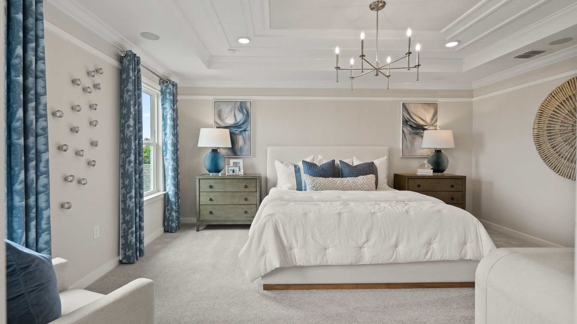 DRB Homes Model Home Interior fully decorated primary bedroom.