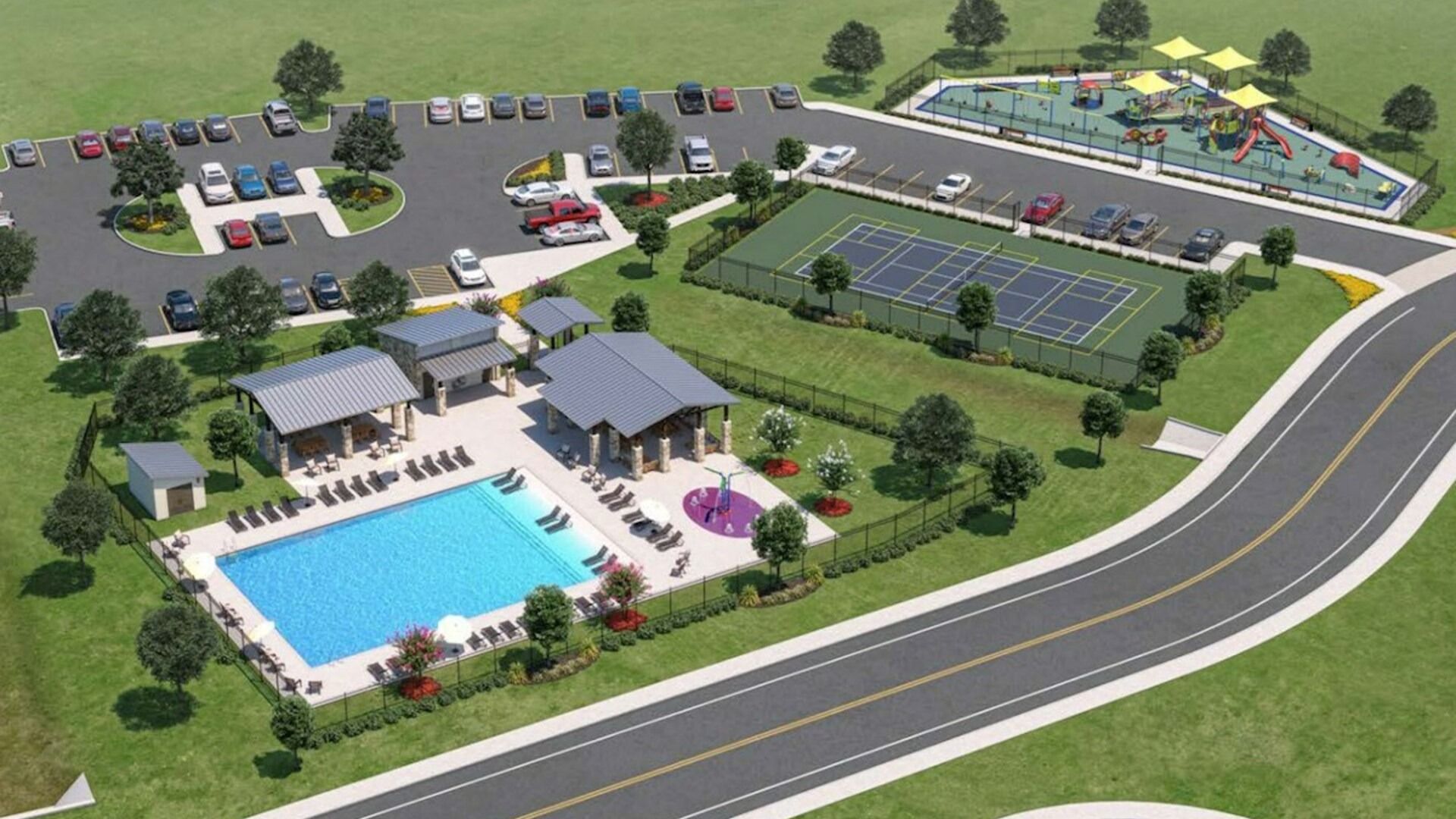 Rendering of Future Amenity Center by Westridge Developer to include Pool, Sports Courts, Pavilion, Playground