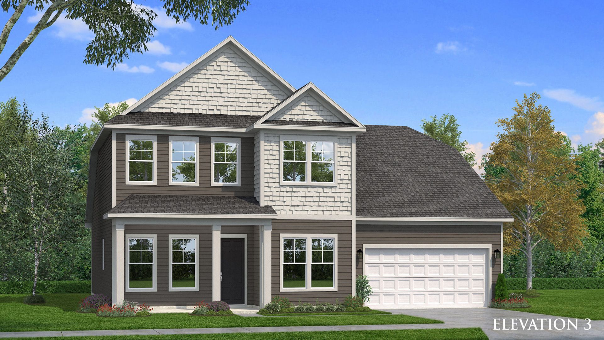 Exterior rendering of home with Hardie siding and accent siding, with covered entry