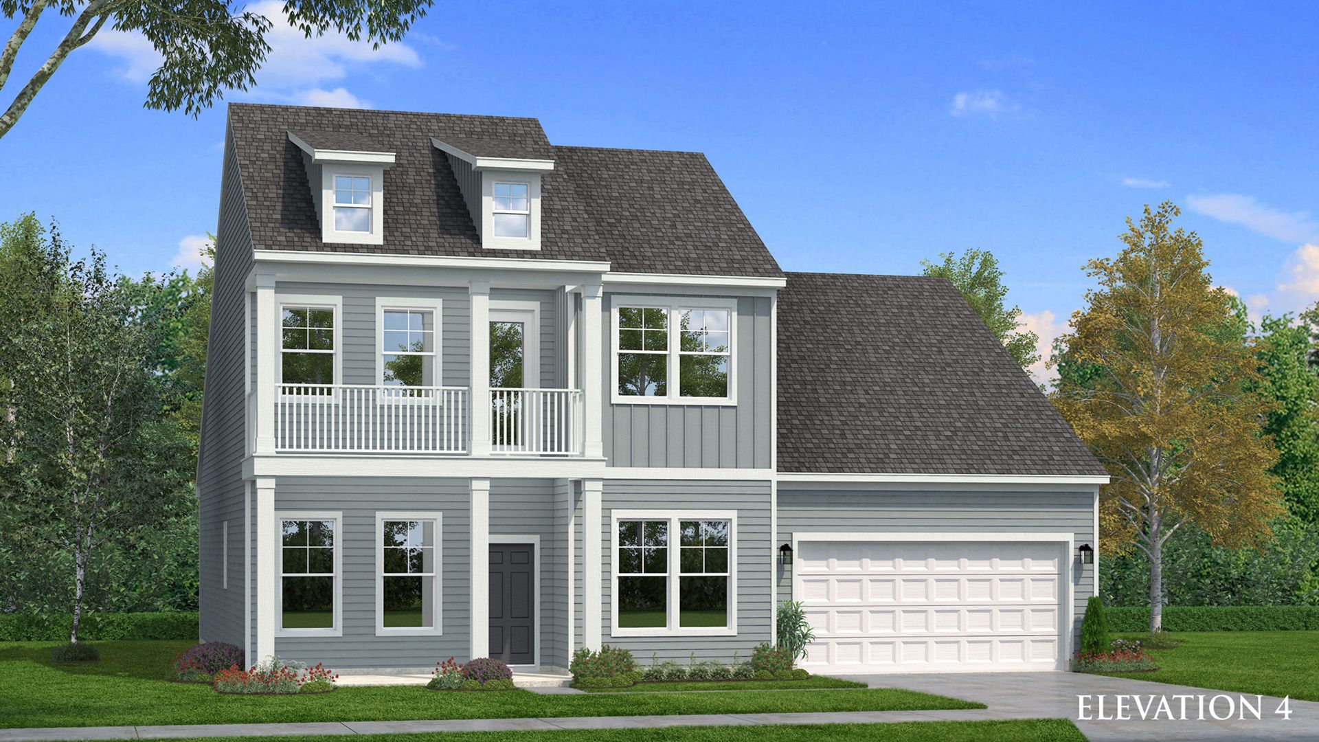 Exterior rendering of home with Hardie siding and second floor balcony