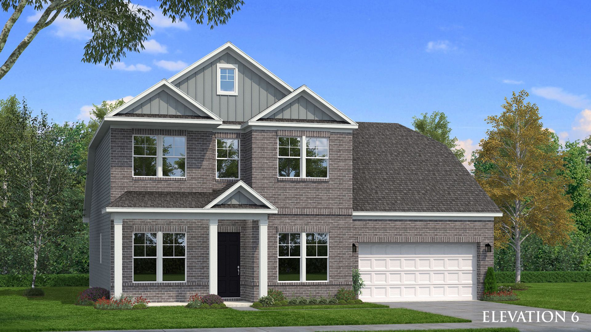 Exterior rendering of home with brick facade and siding accents