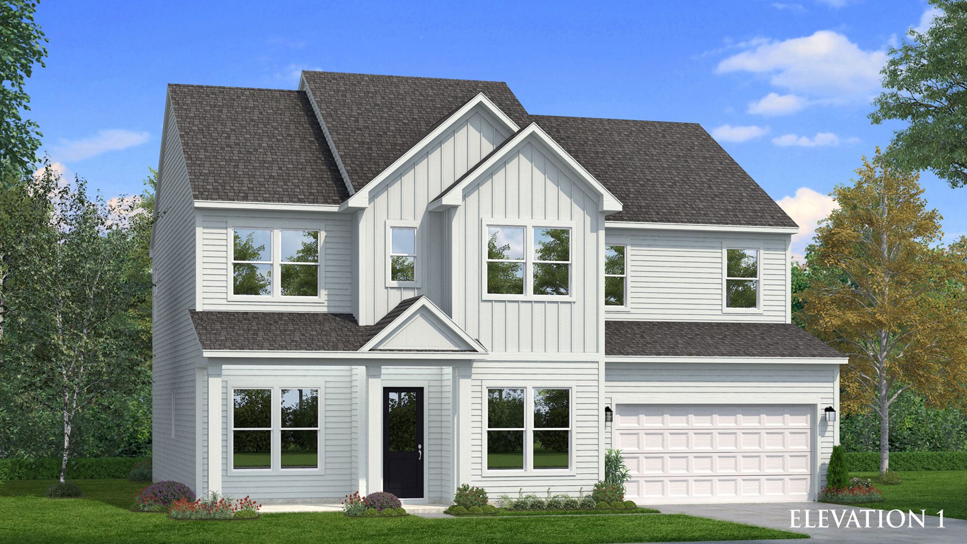 Extrior rendering of home with white siding and stacked gables, with covered front entry.