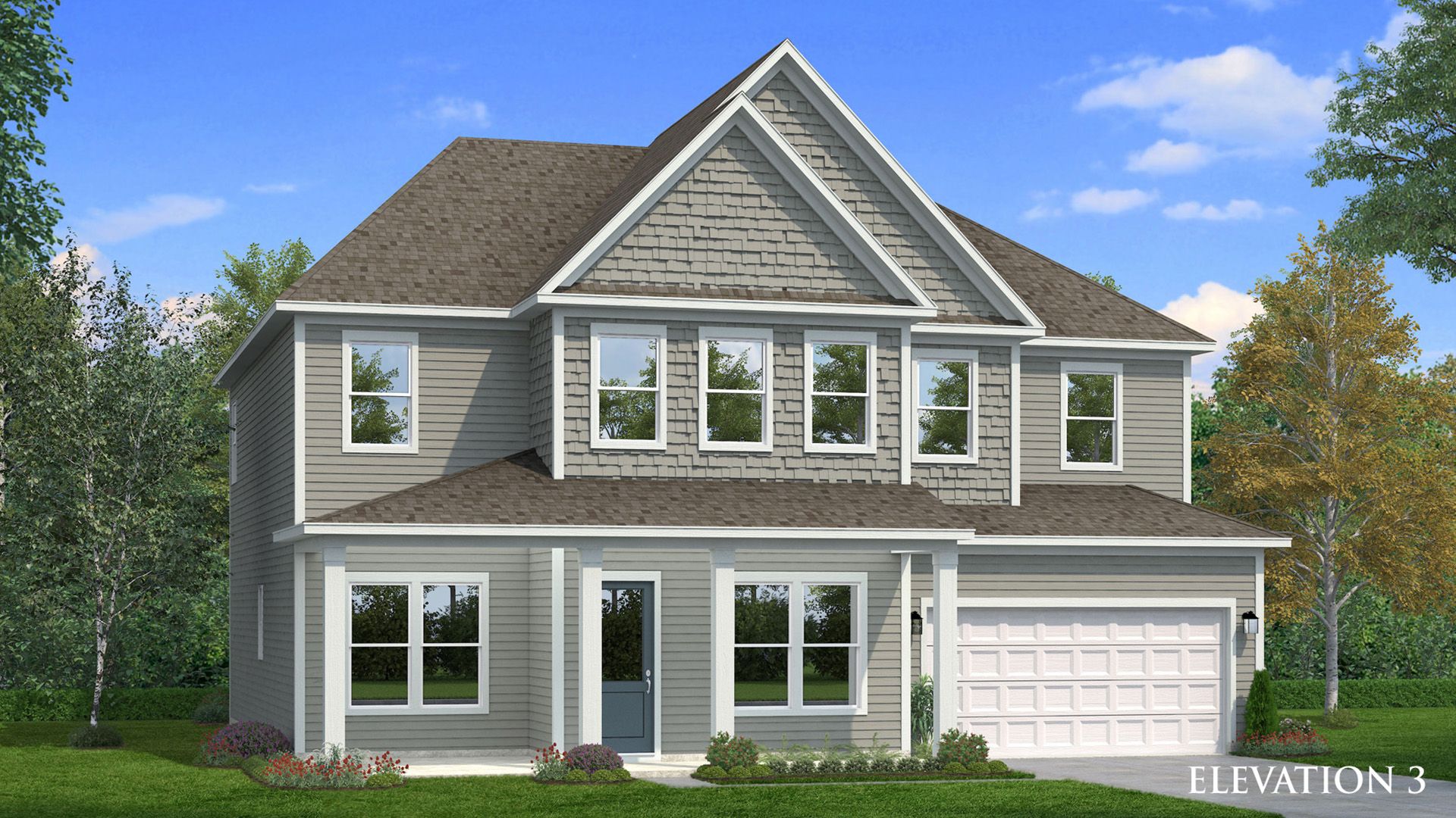 Exterior rendering of home with gray siding and accent siding. Covered front entry greets you.