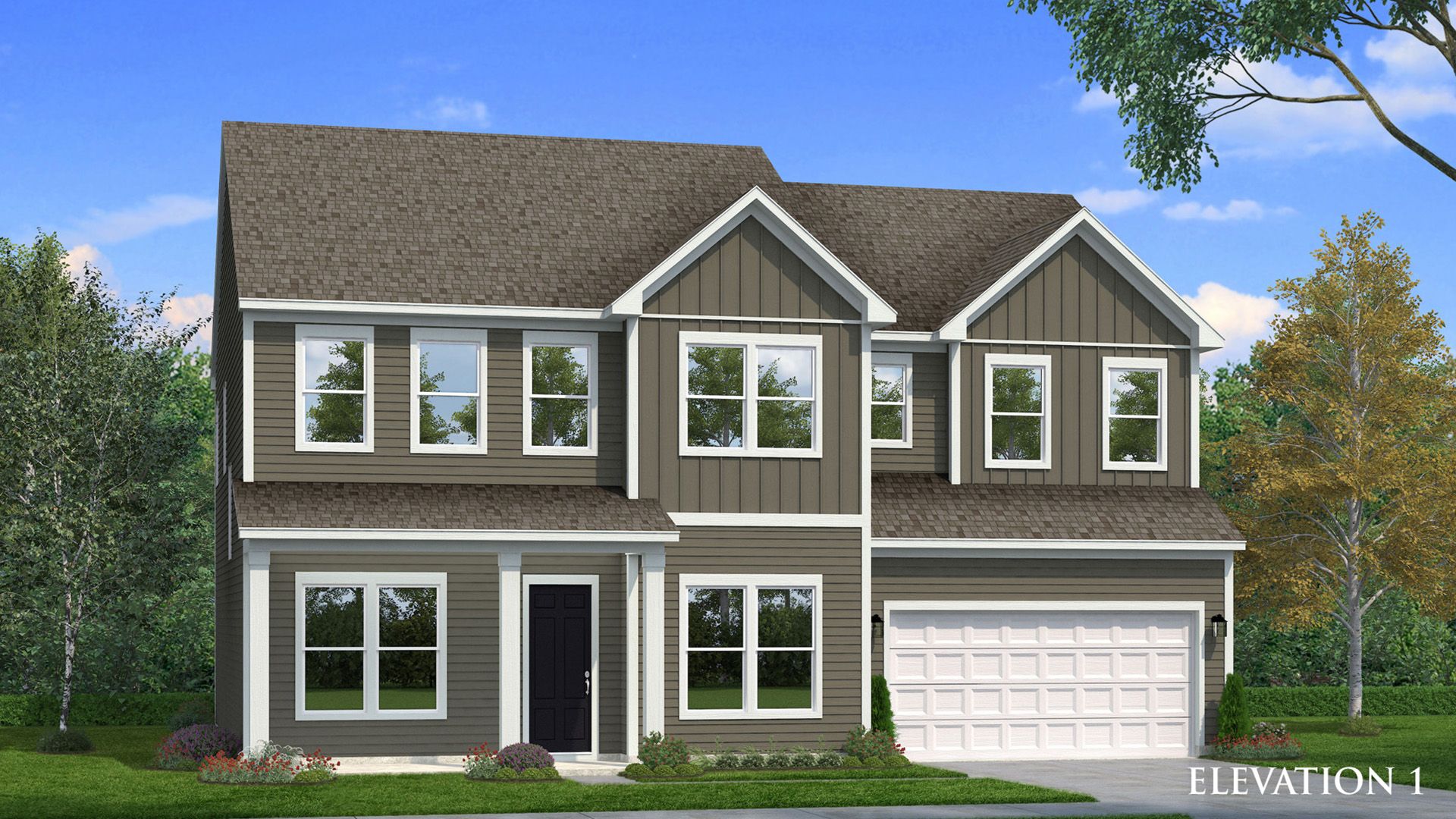 Exterior rendering of home with dark siding and covered front porch