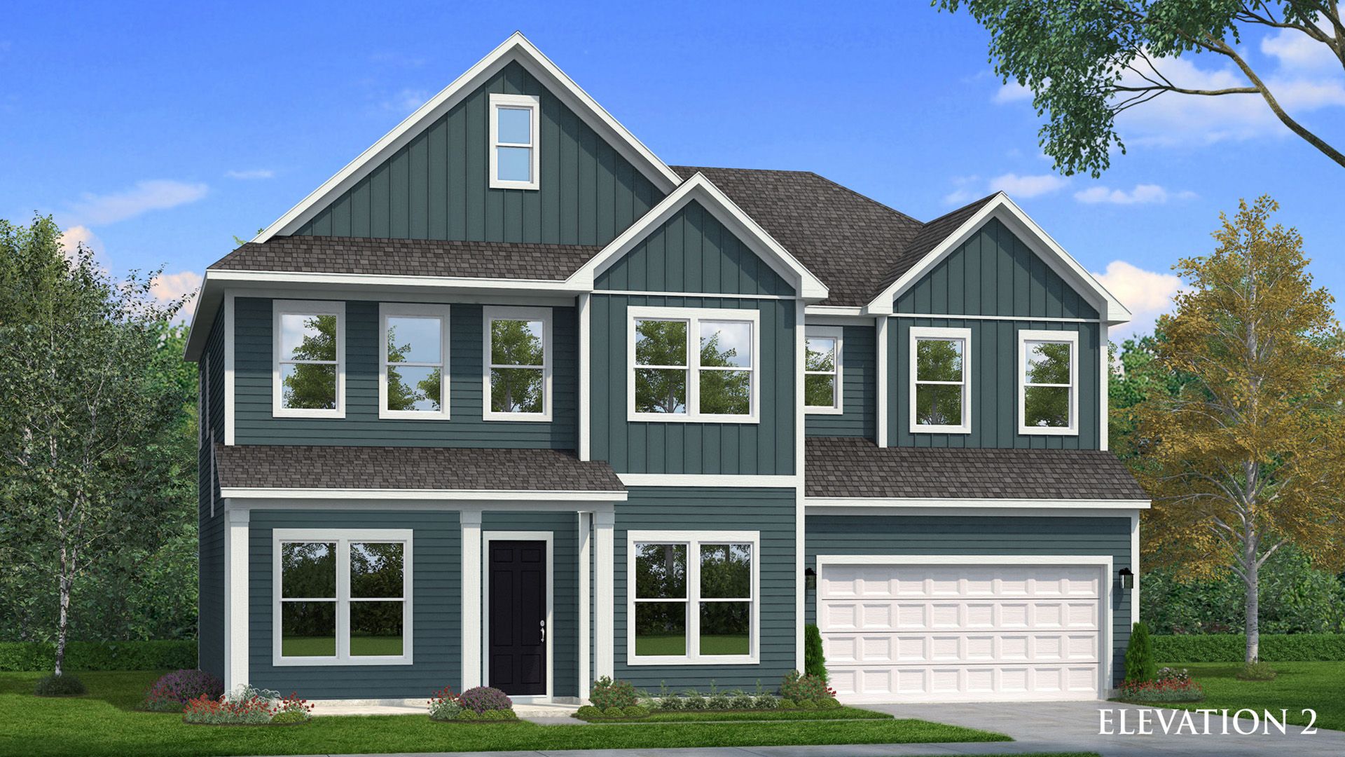 Exterior Rendering of Home with blue siding and accents with large gable and covered front porch