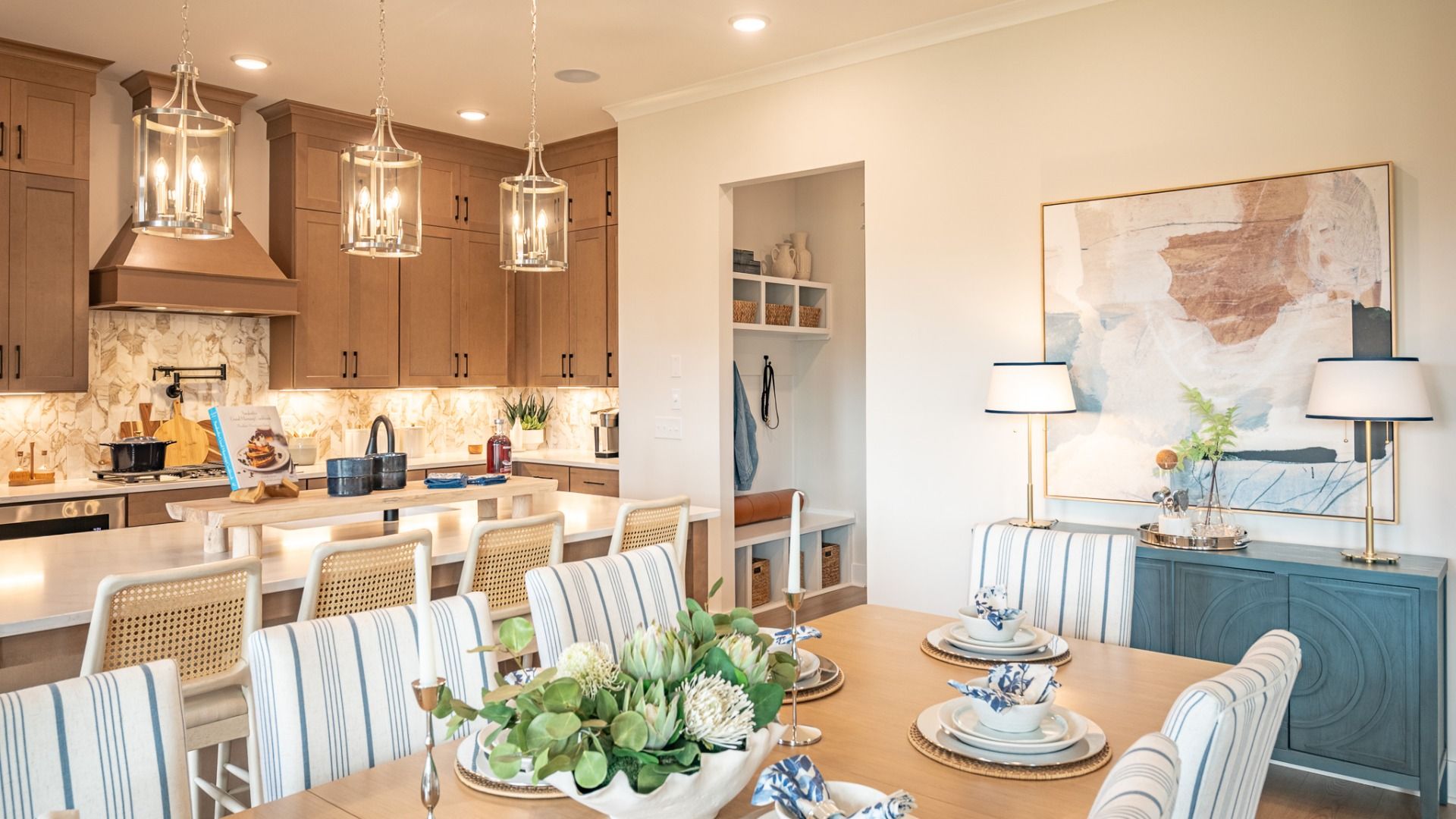 Kitchen and Dining area layout with drop-zone mud room coming from the garage entrance