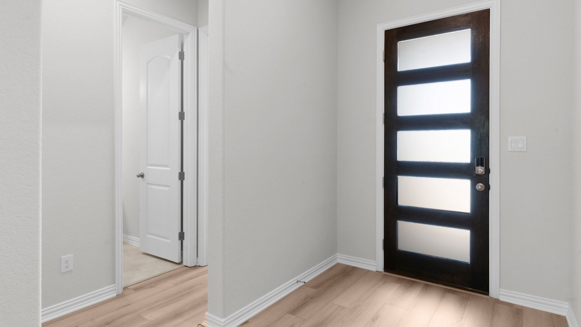 Striking entry with wood stained door and modern glass panels