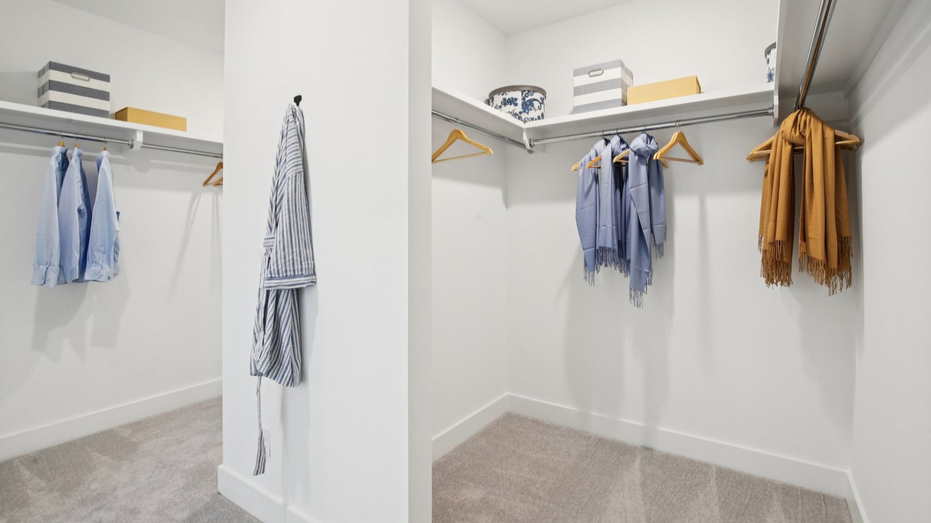 Large walk-in closet divided into two sections