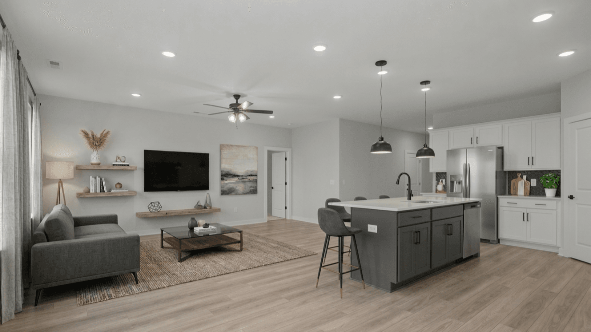 Virtually staged kitchen and gathering room
