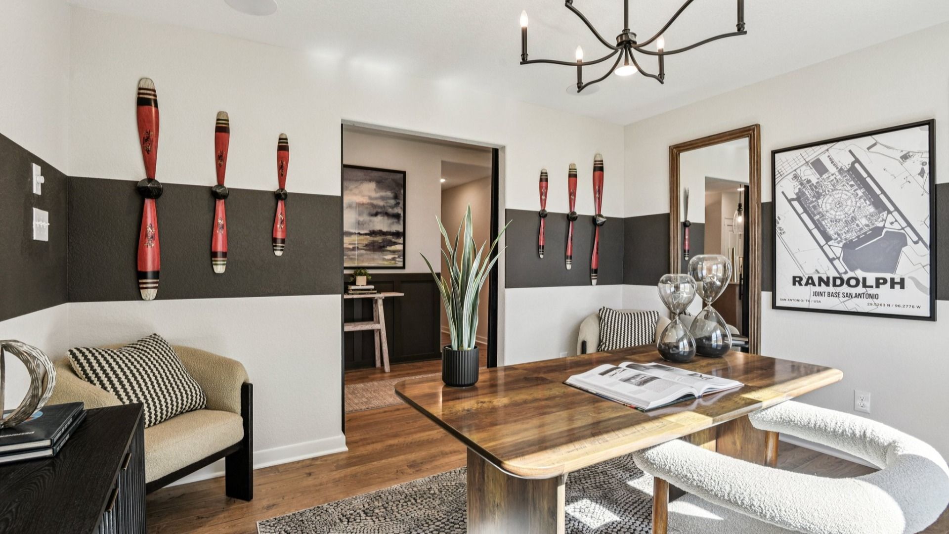 Dedicated Office Space with Black Modern Chandelier Lighting