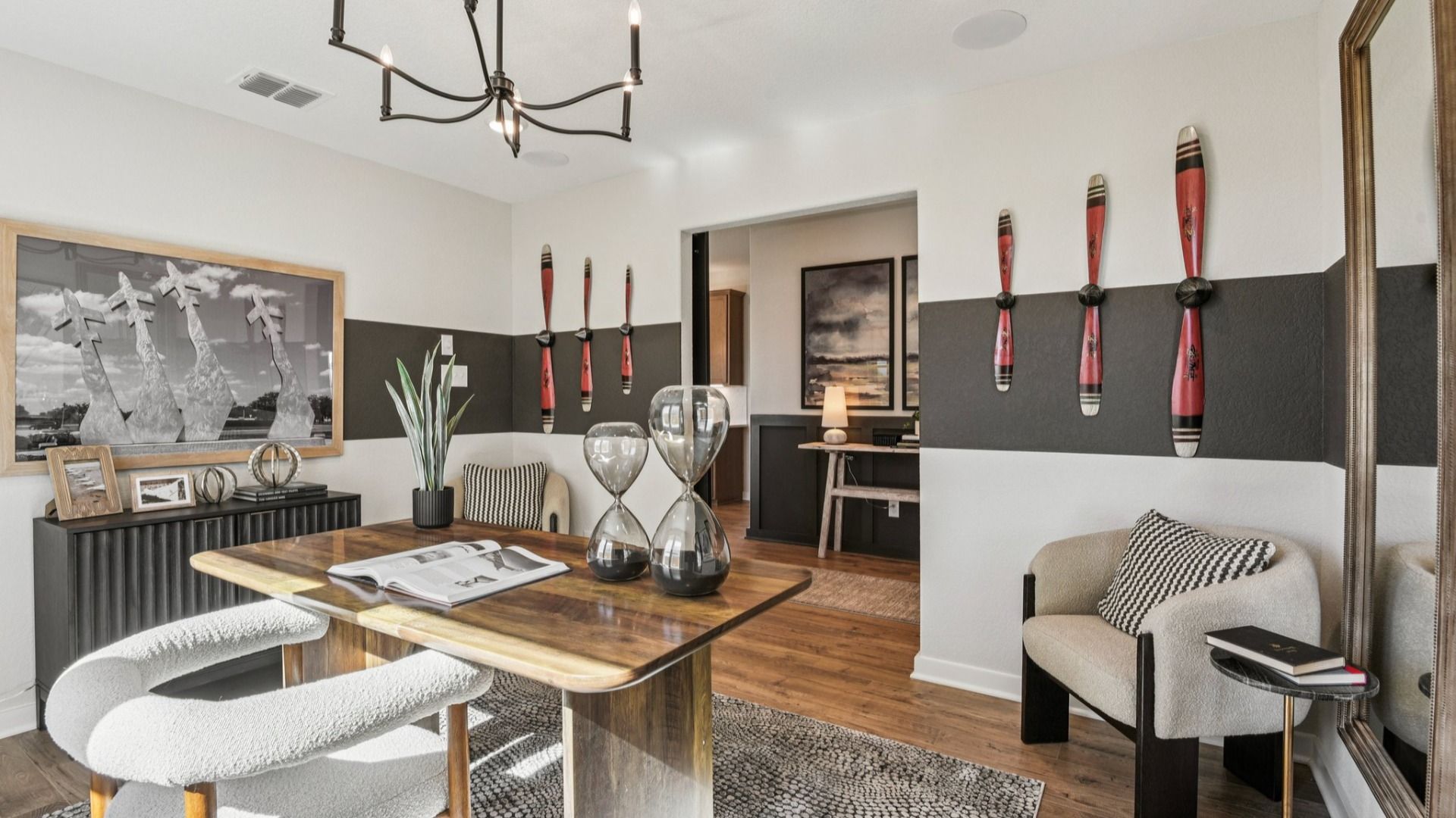 Dedicated Office Space with Black Modern Chandelier Lighting
