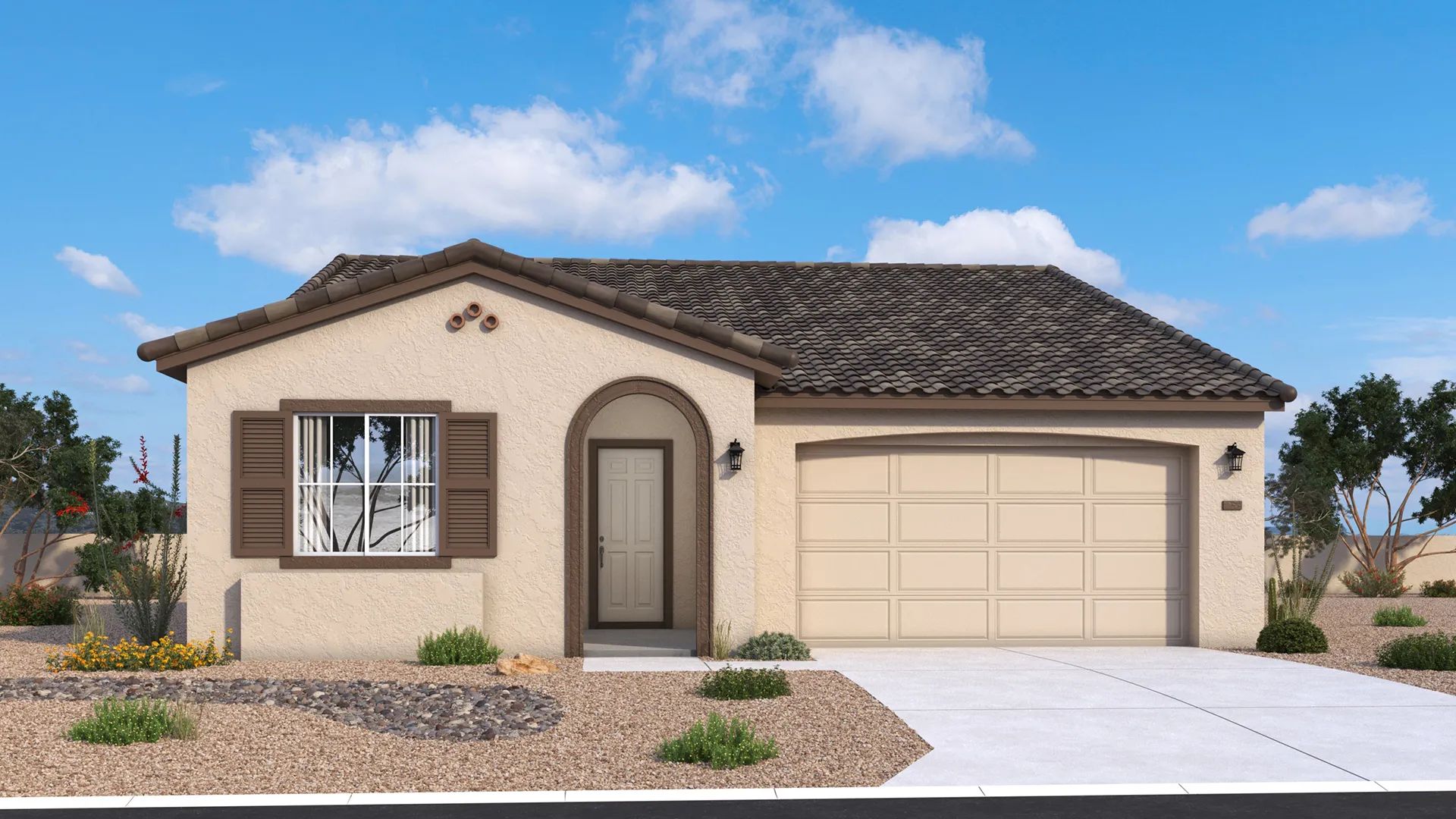 Spanish-style Bartlett new construction single-family home by DRB Homes, with warm stucco, an arched entry, and a tiled roof.