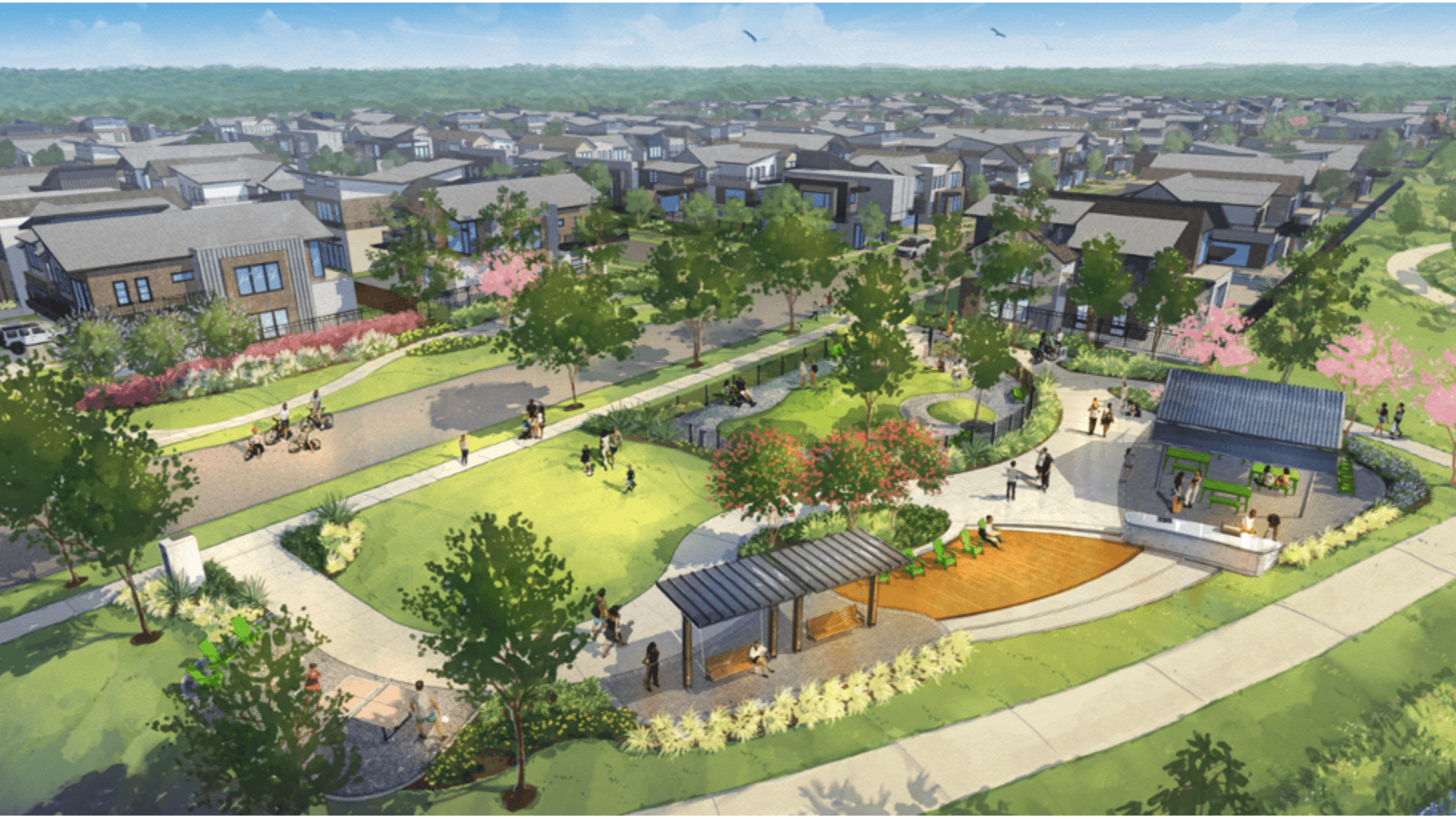 Rendering of park in Bridgeland Central with green spaces, trails, swings, and covered areas
