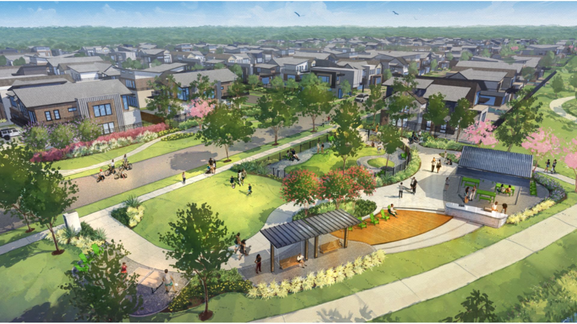 Rendering of park in Bridgeland Central with green spaces, trails, swings, and covered areas