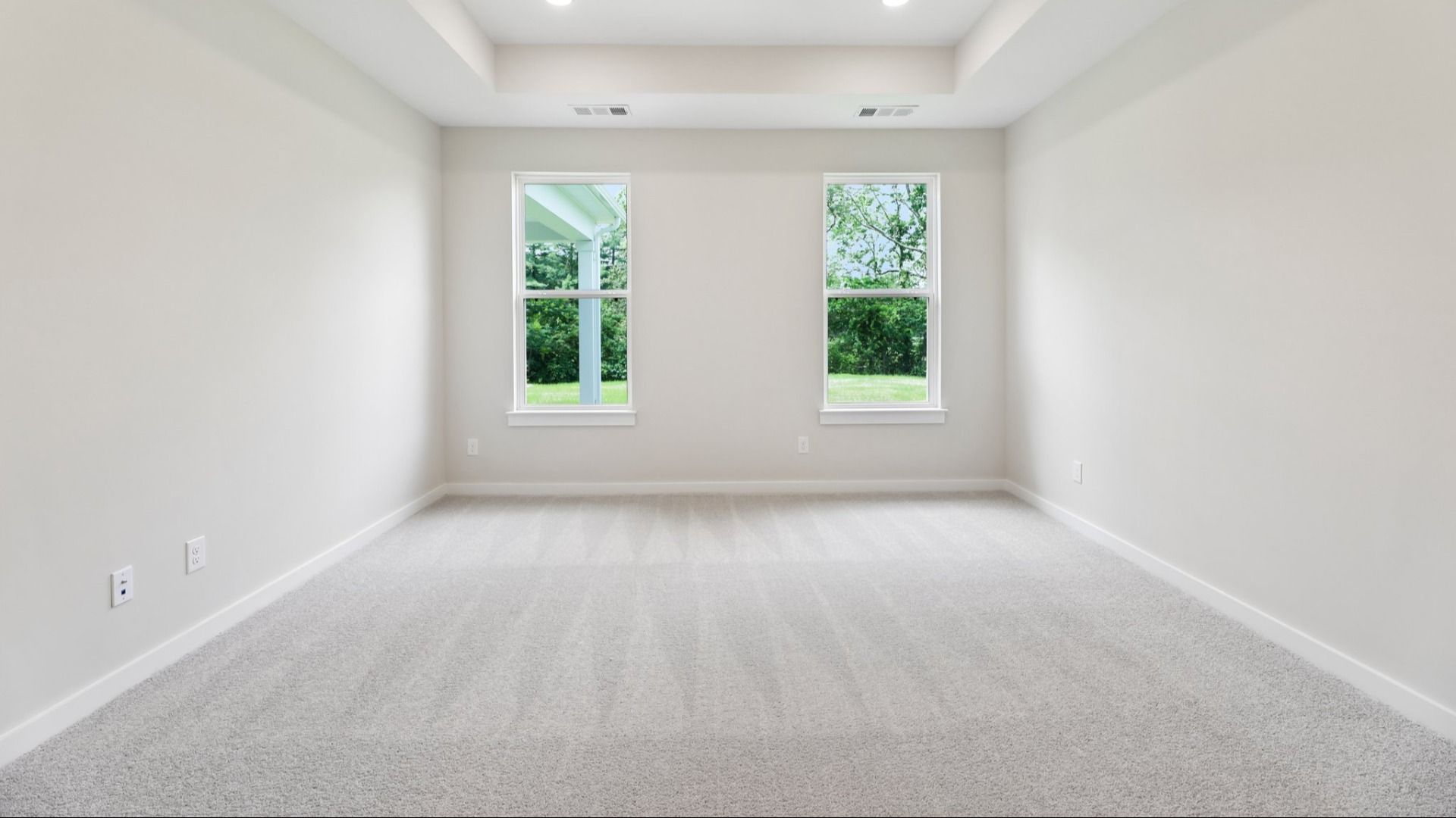 Primary suite with tray ceiling, windows, and carpet
