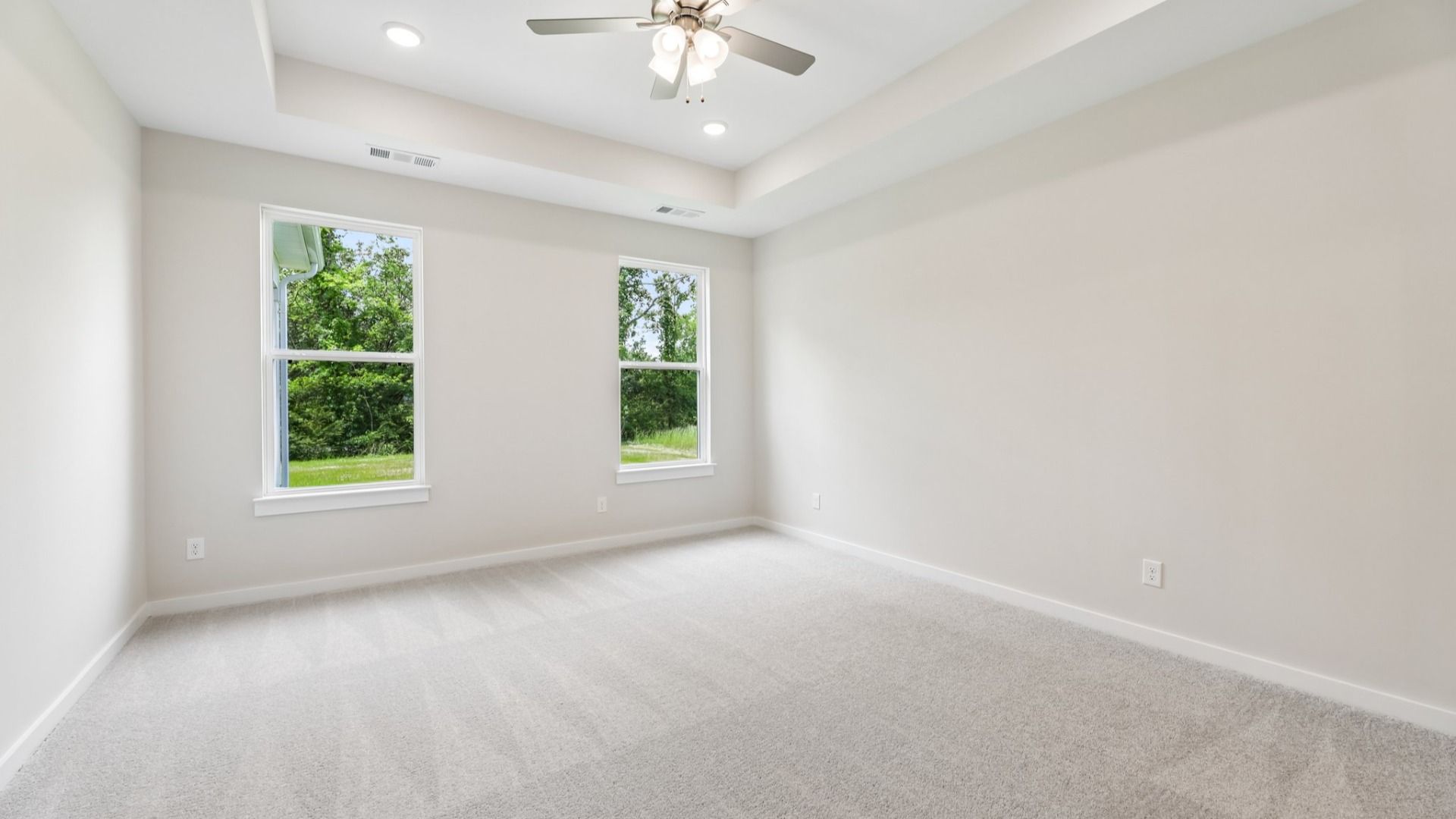 Primary suite with tray ceiling, windows, and carpet