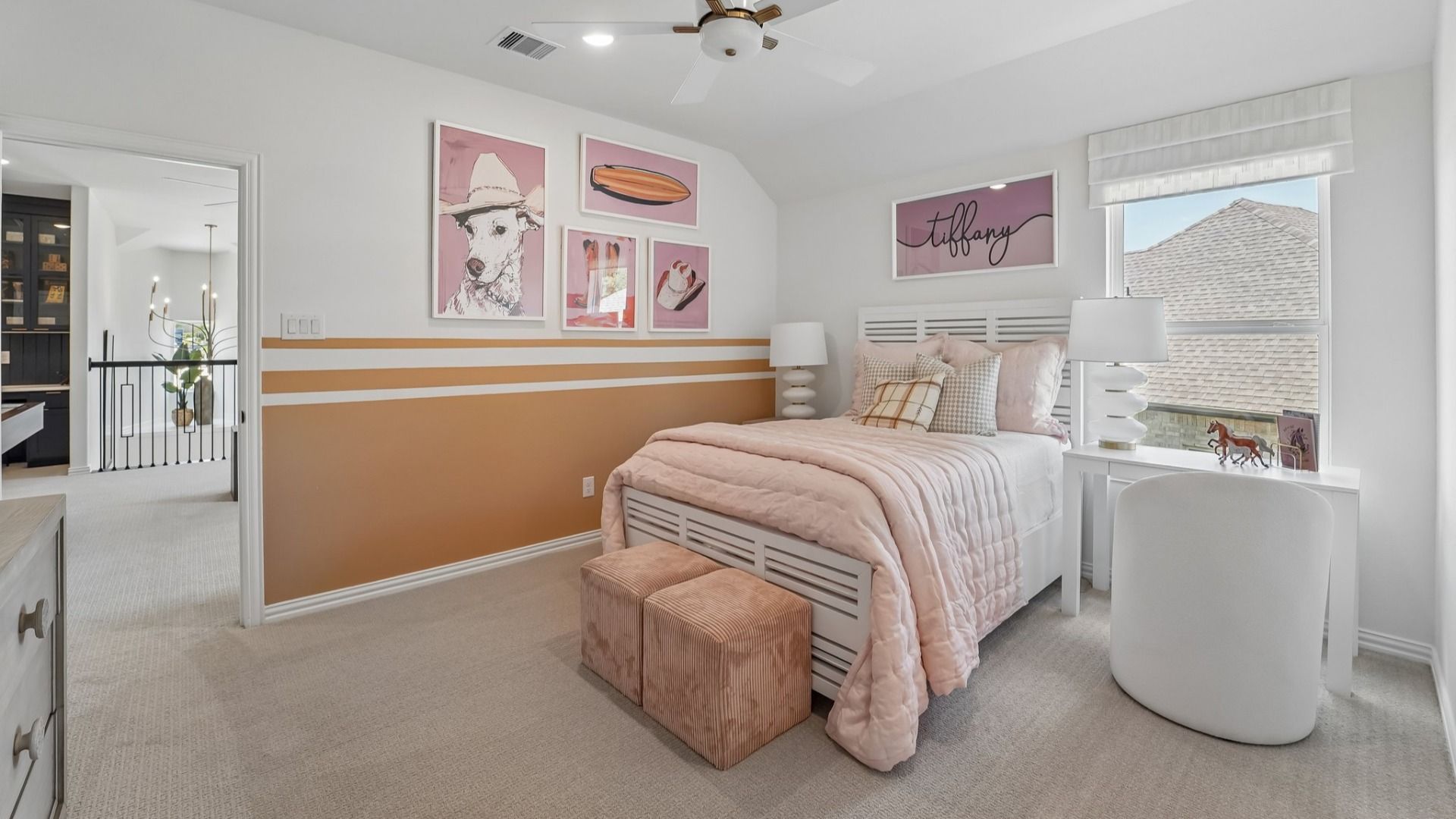 Elegant pastel tones and modern artwork elevate this Woodlands Hills bedroom's refined ambiance.
