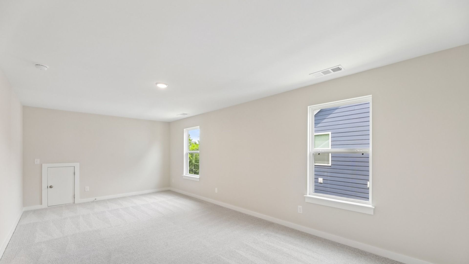 Storage room with windows and carpet