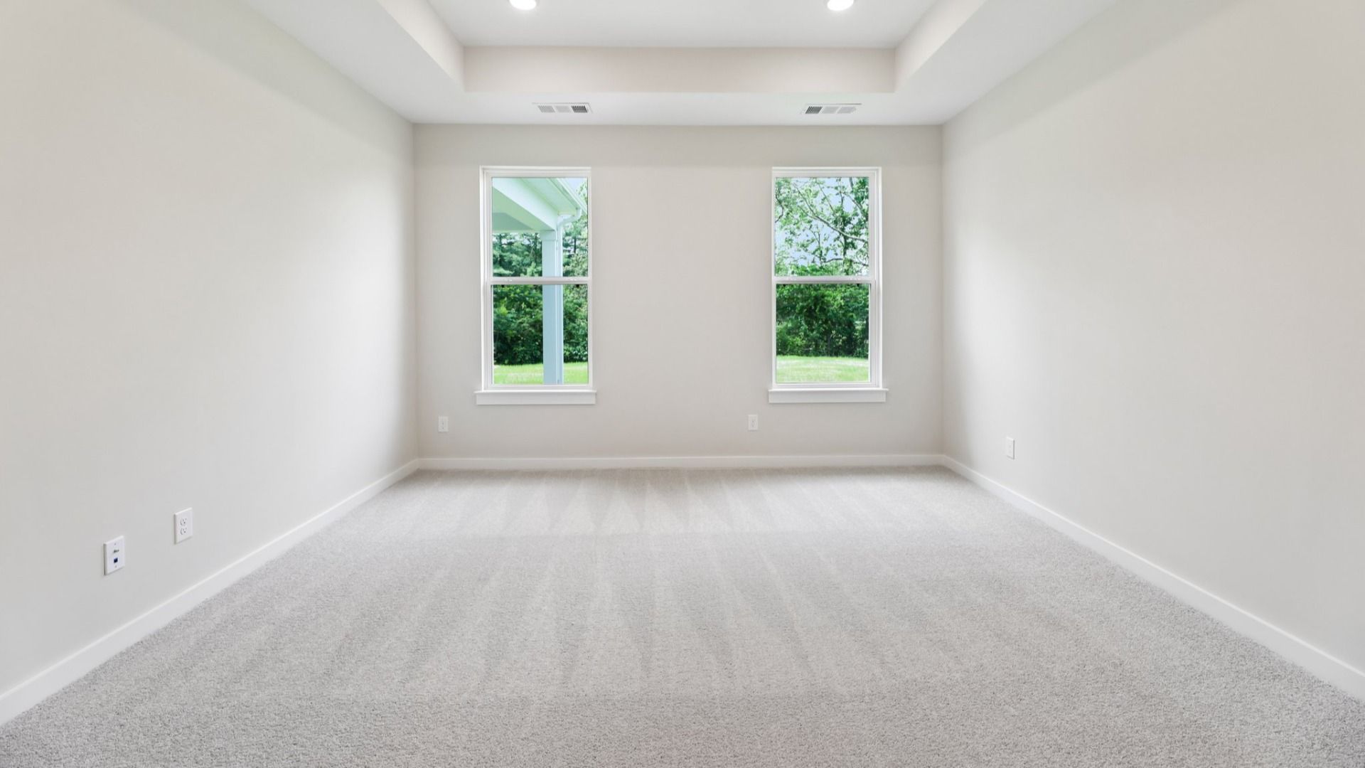 Primary suite with tray ceiling, windows, and carpet
