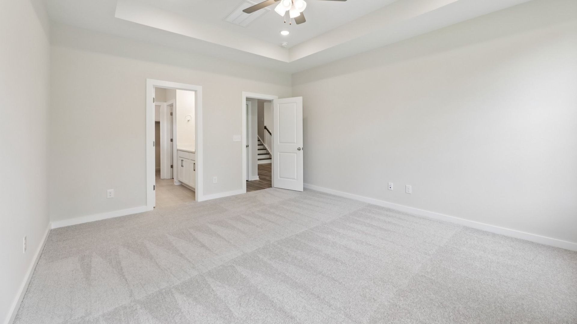 Primary suite with tray ceiling and carpet