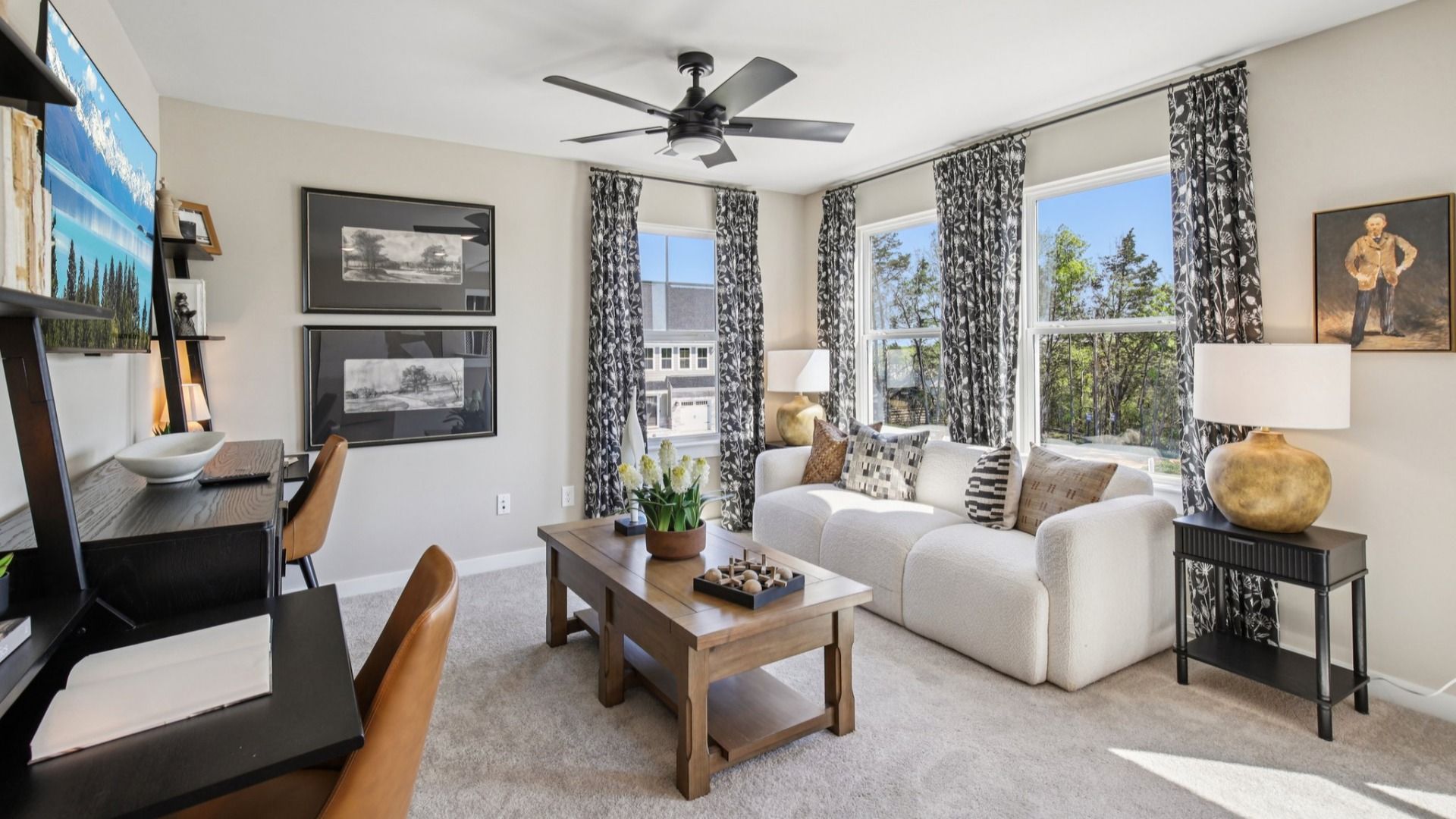Loft with carpet and natural lighting from windows