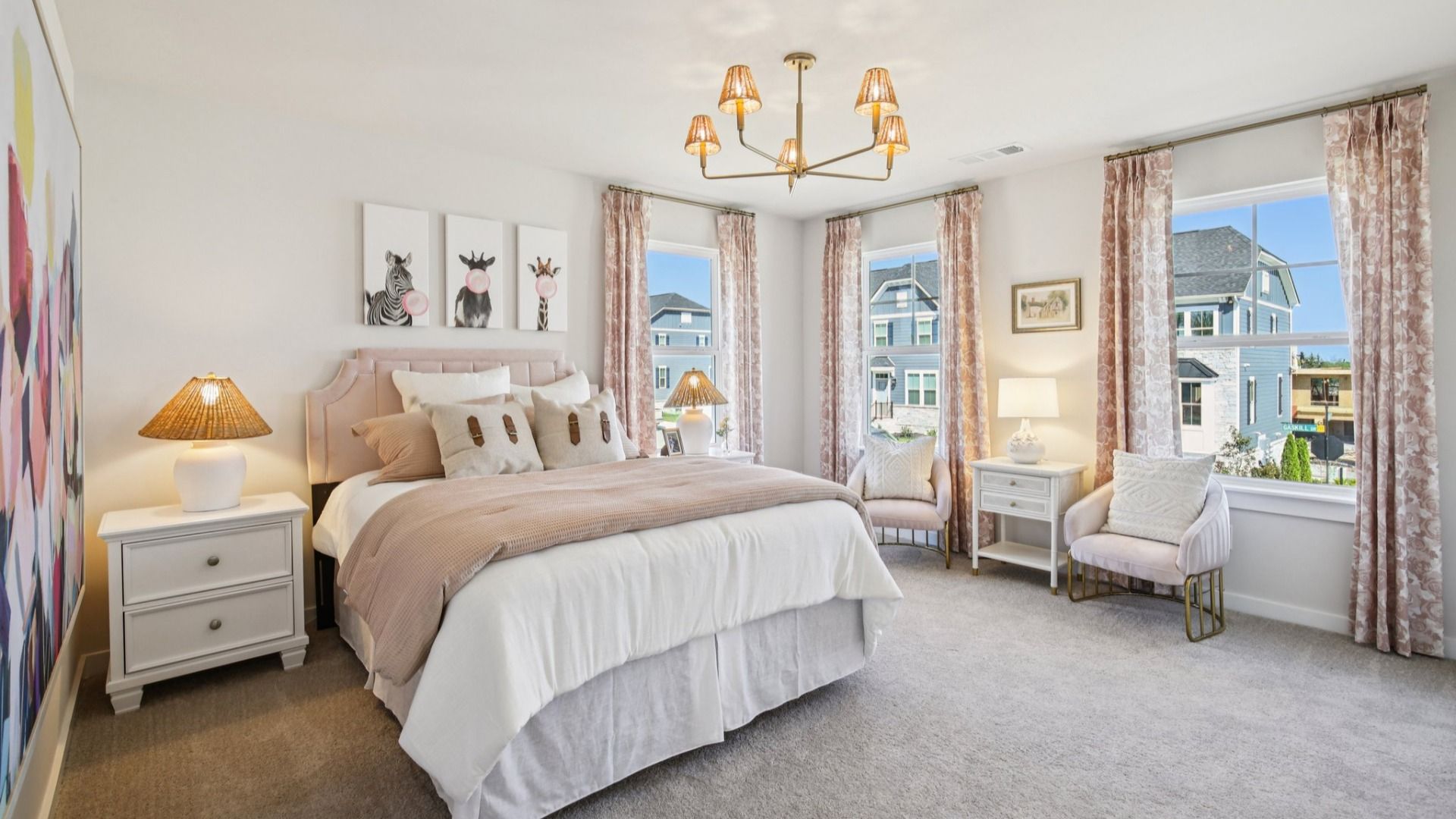 Bedroom with carpet and windows