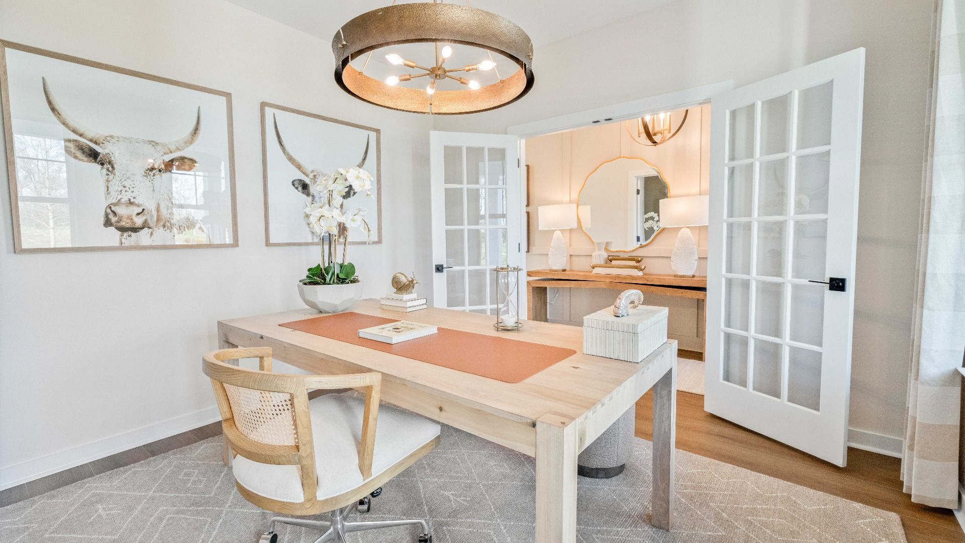 Study with hard-surface flooring and French doors