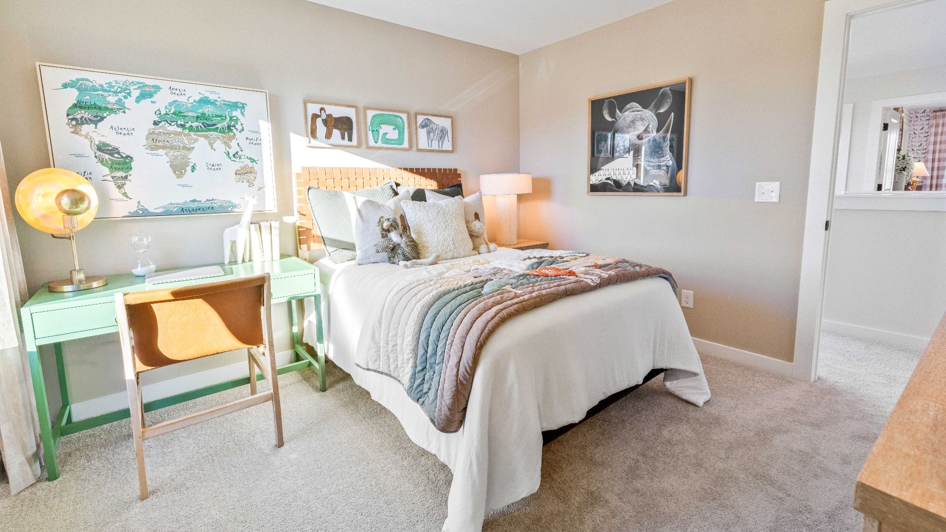 Bedroom with carpet and access to hallway