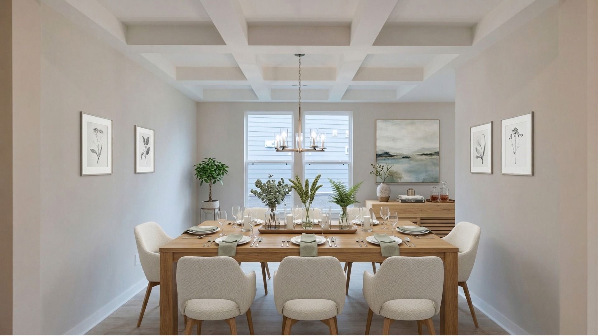 Virtually staged dining room with Coffered ceiling accent