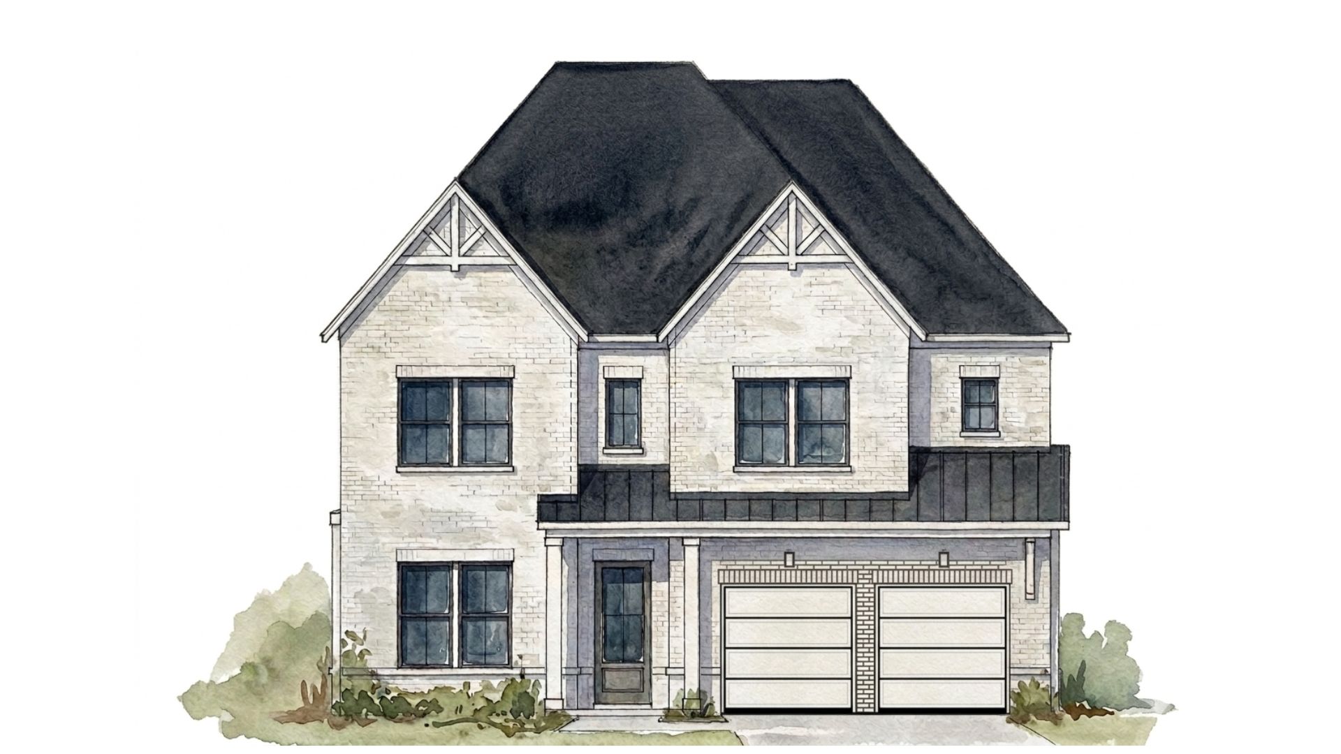 Artistic representation of the Emmeline II plan with a full painted white brick exterior and split garage door.