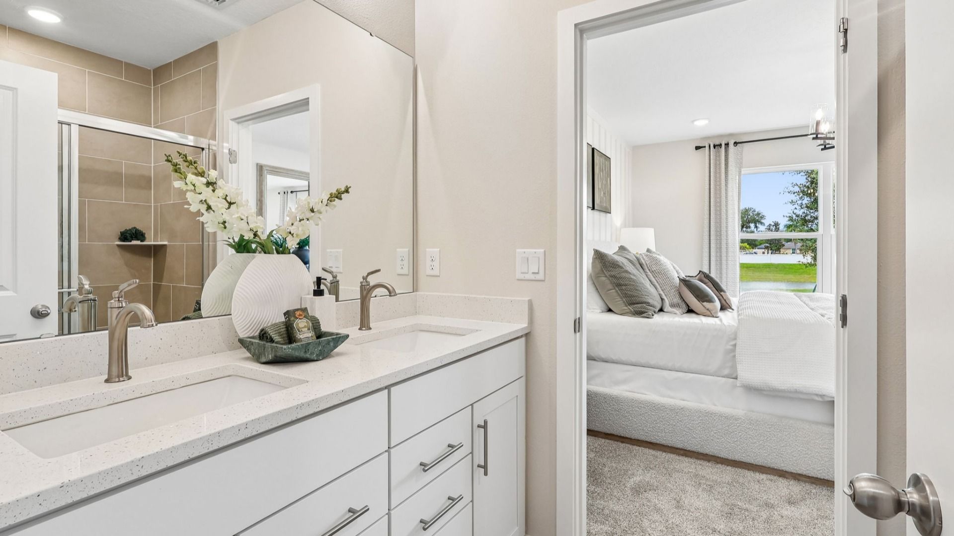 Primary Suite En Suite Bathroom with Dual Sinks in the Flagler Floorplan by DRB Homes