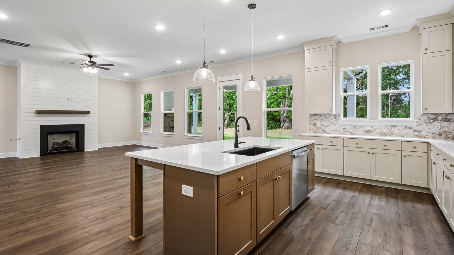 First floor view of kitchen and gathering room