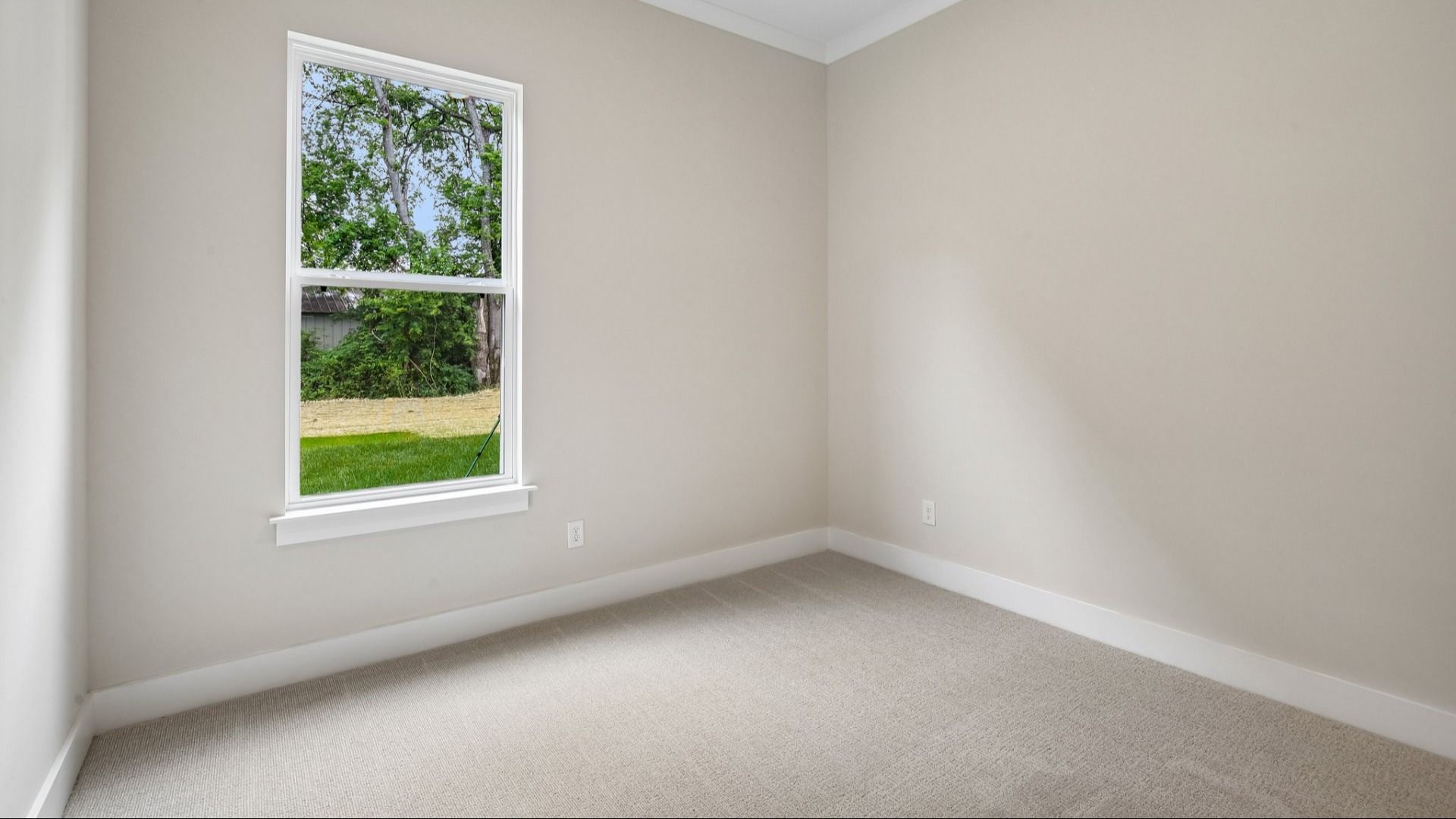 Bedroom with carpet and window