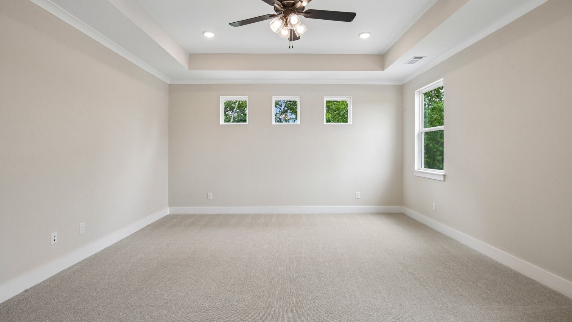 Primary suite with tray ceiling, ceiling fan, and carpet