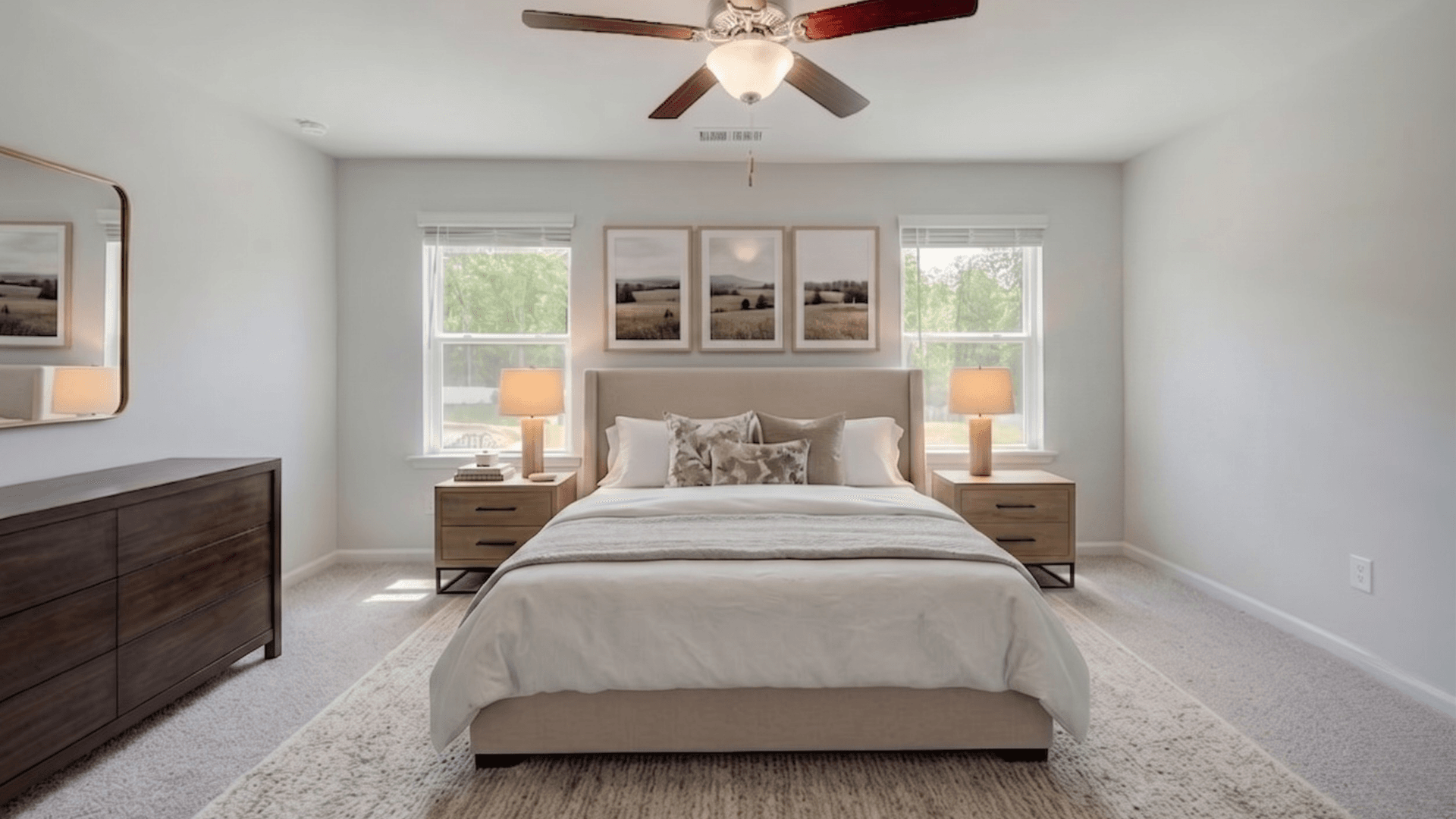 Primary suite with ceiling fan, carpet, and windows