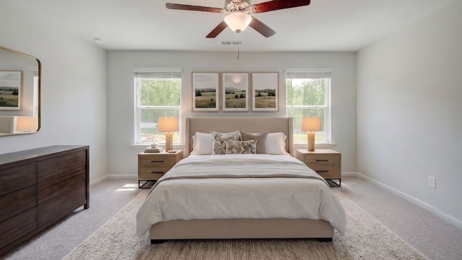 Primary suite with ceiling fan, carpet, and windows