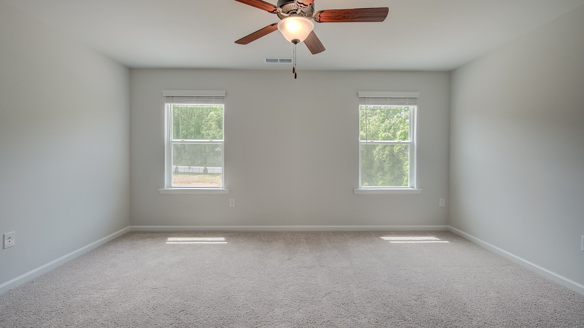 Primary suite with carpet, ceiling fan, and windows