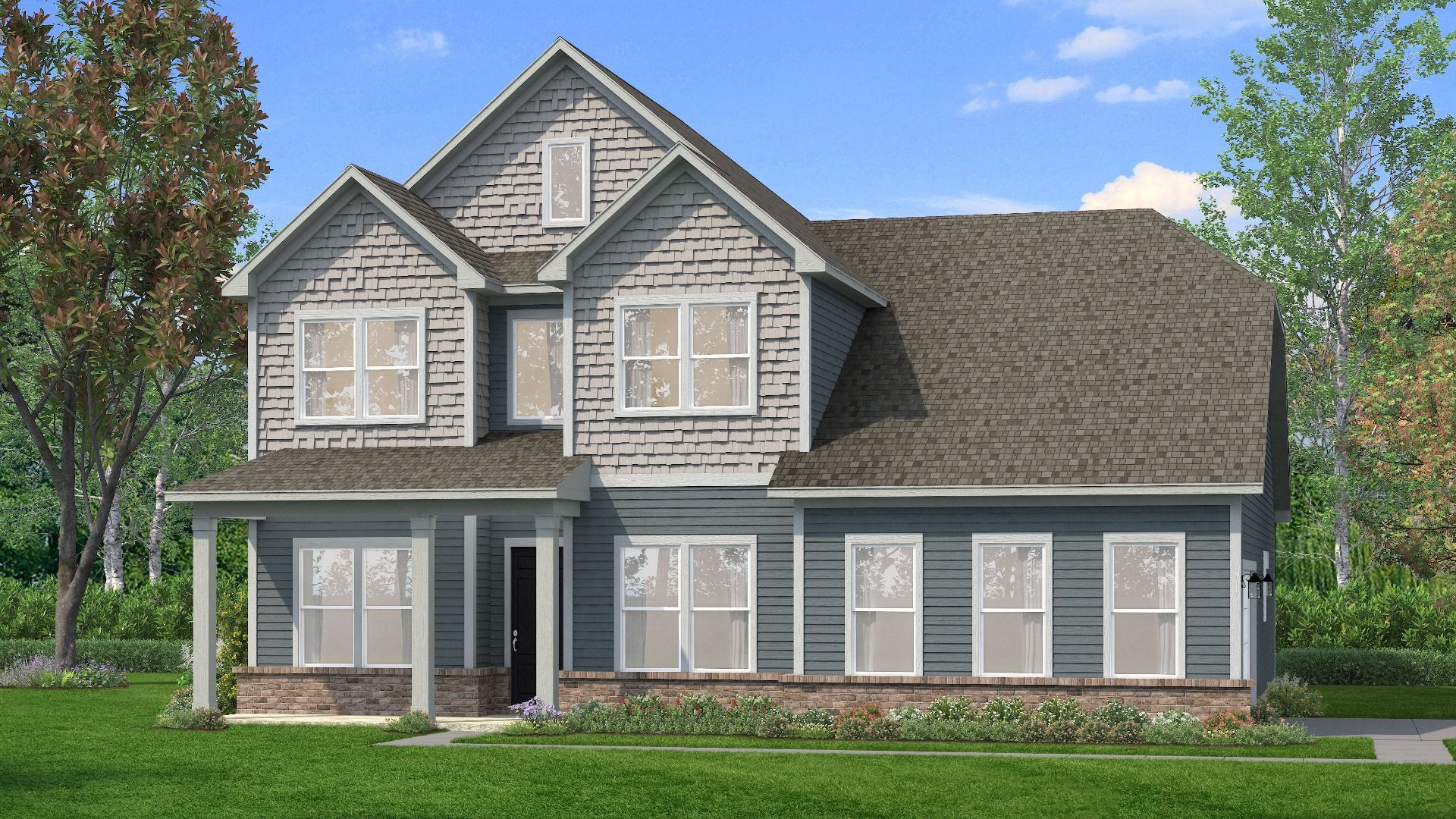 Exterior with two-tone siding and brick water table featuring a side-entry garage