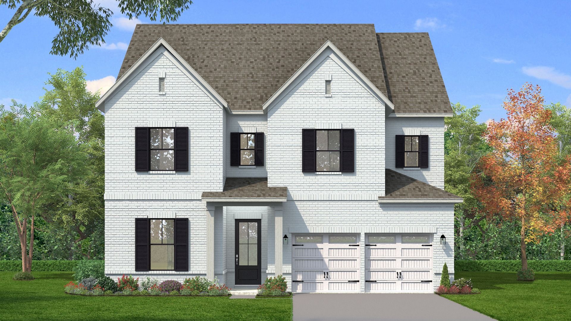 Painted white brick exterior with black windows and shutters, plus double-bay garage doors