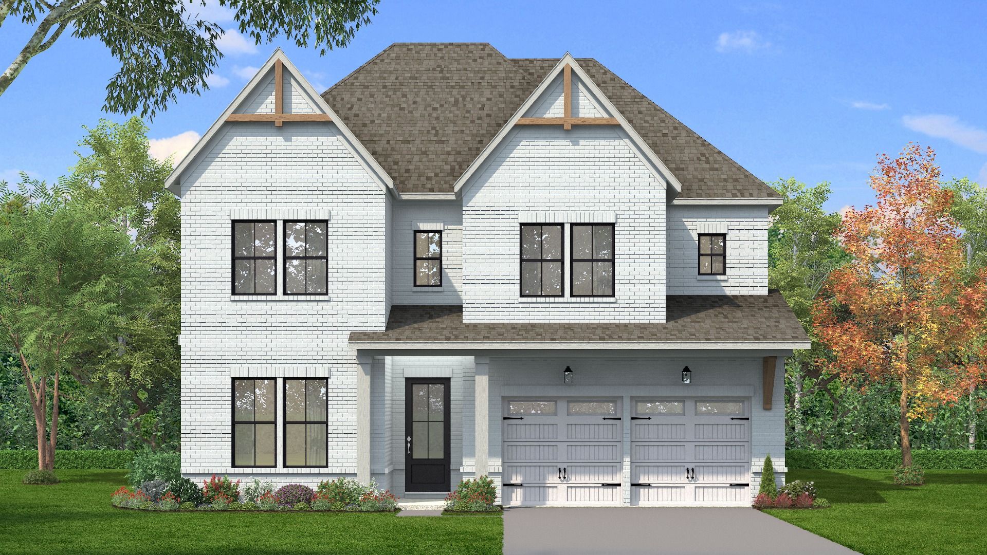Painted white brick exterior with black windows, cedar accents, and double-bay garage doors