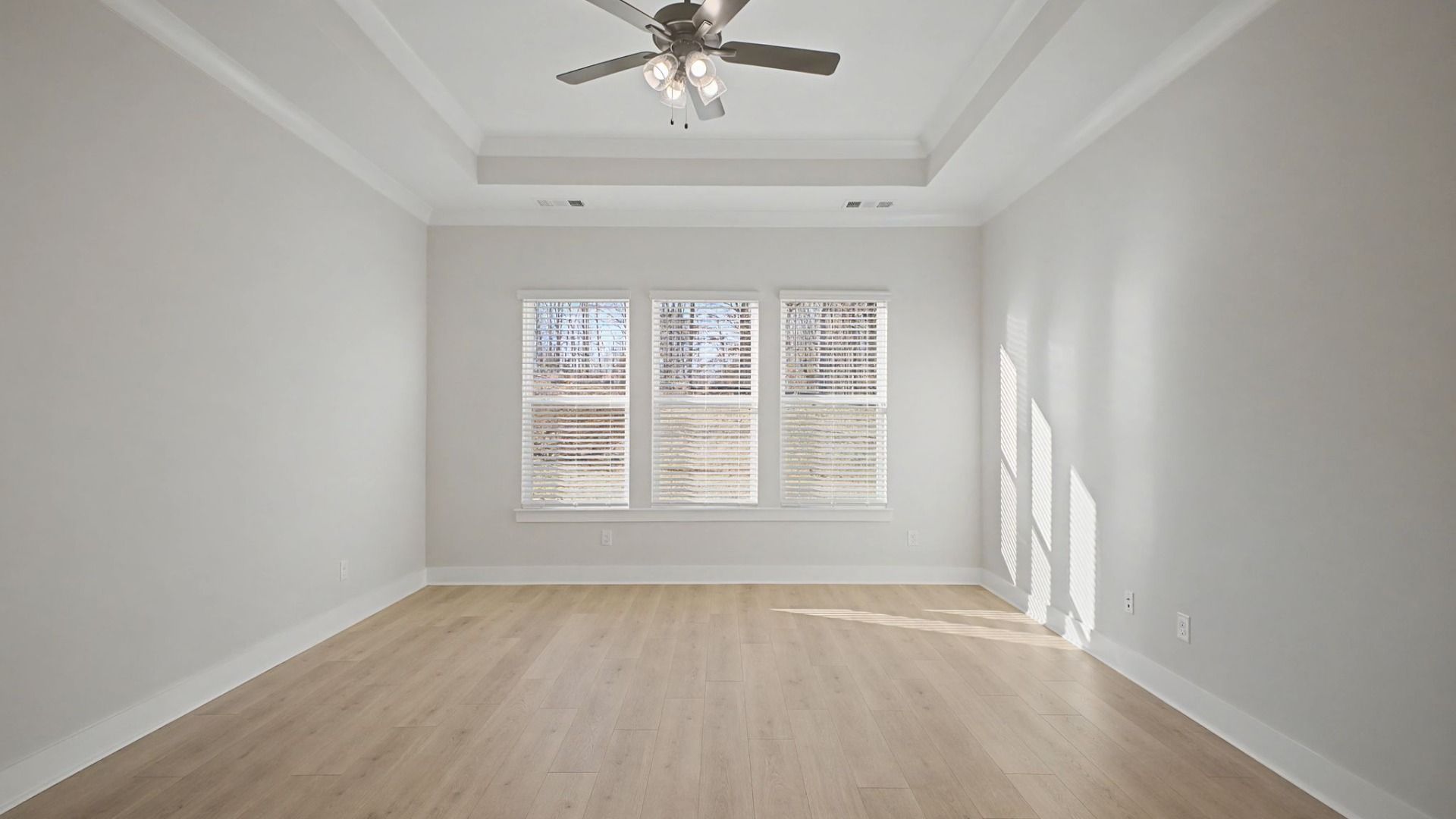 Primary bedroom with tray ceiling, ceiling fan, and windows