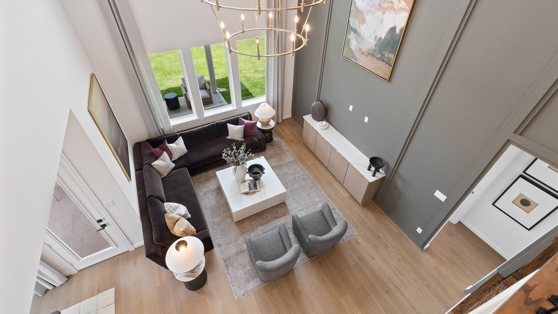 Birds eye view of family room from the game room in the Rosewood model.