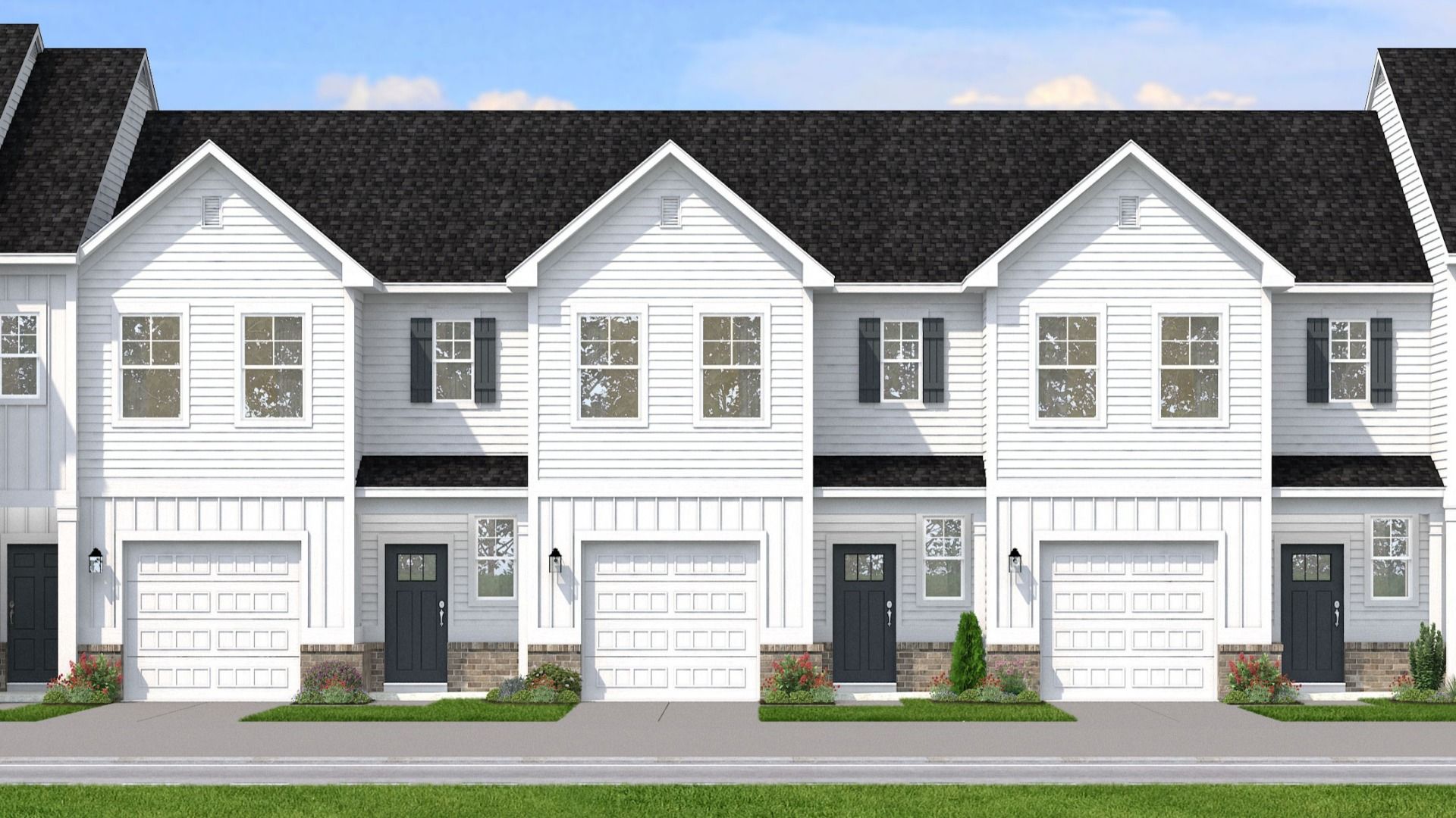 Townhome building Exterior showing 3 Braden plan homes in one of 3 available color schemes
