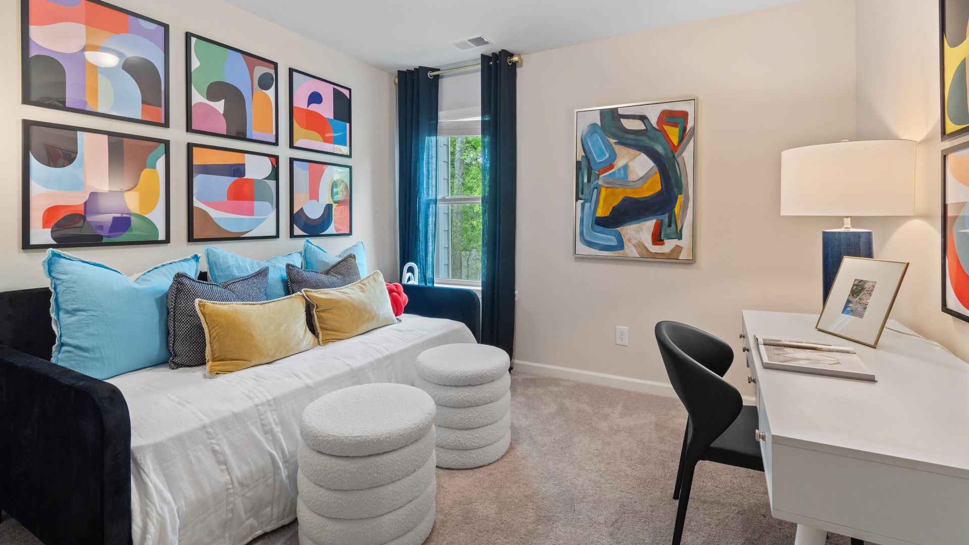 Bedroom with carpet and window