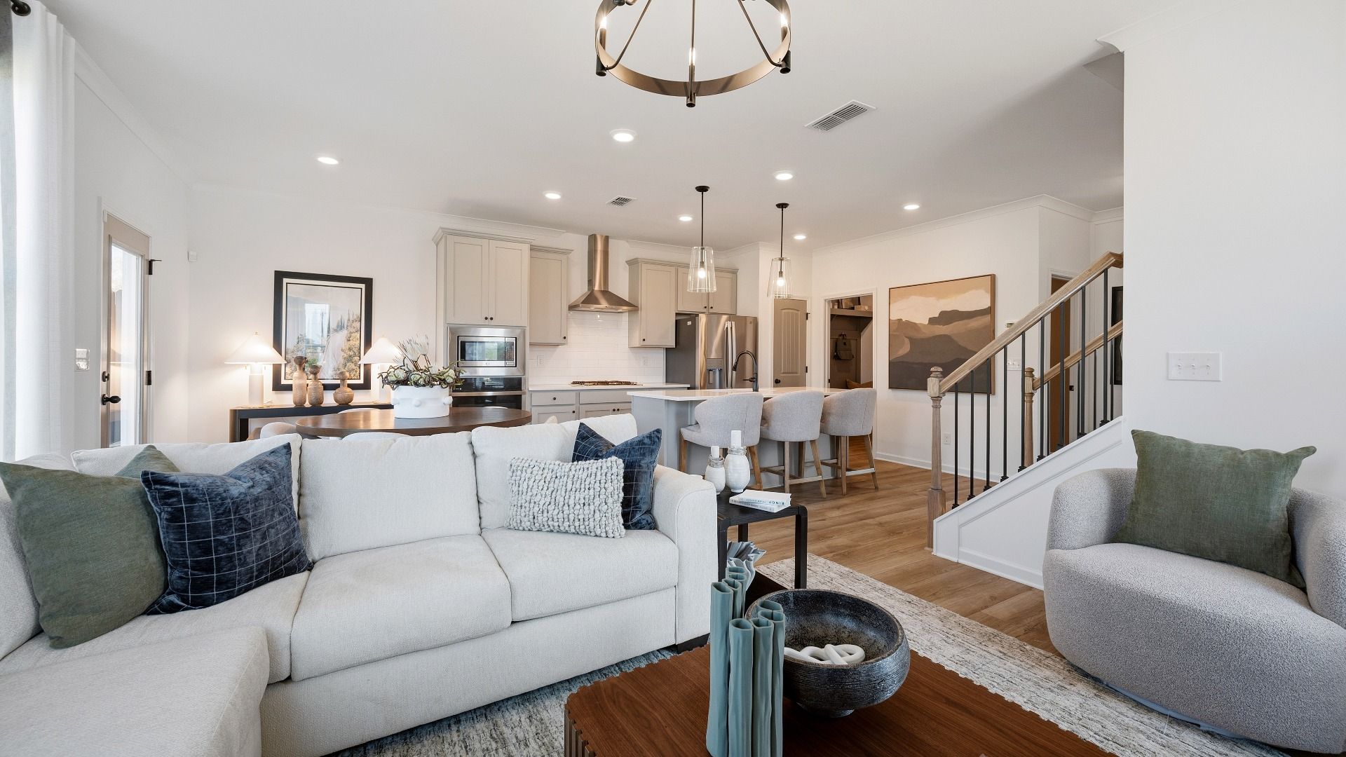 Gathering room with view of kitchen