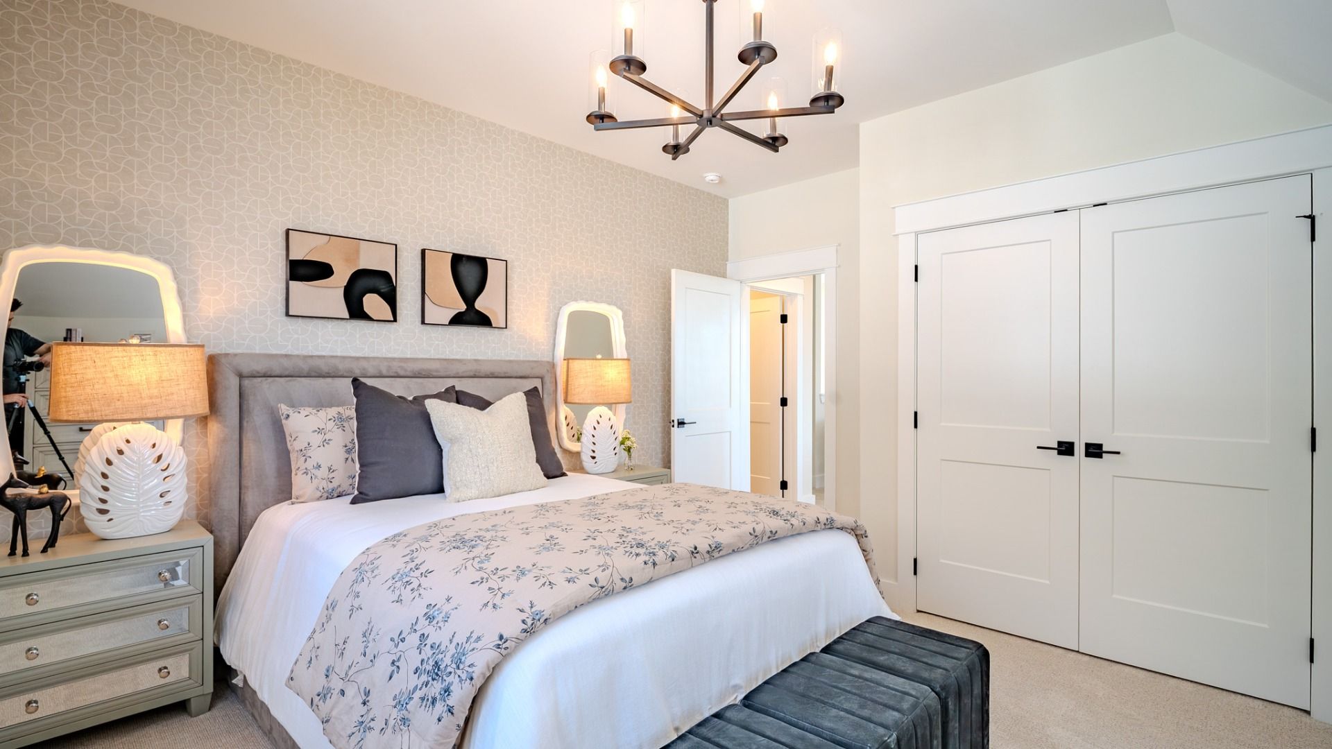 Bedroom with carpet and windows