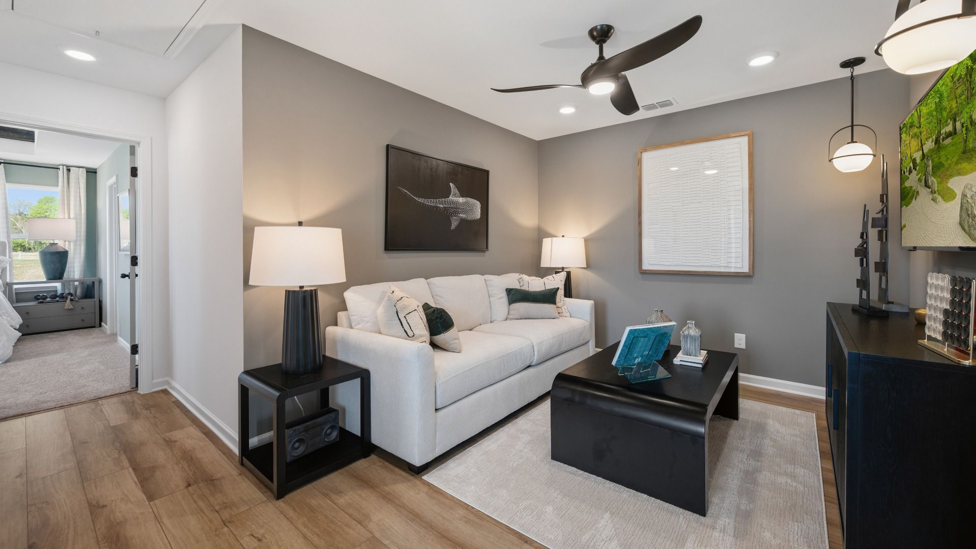 Loft area that is flexible and can be used as study area, extra living space, or movie room