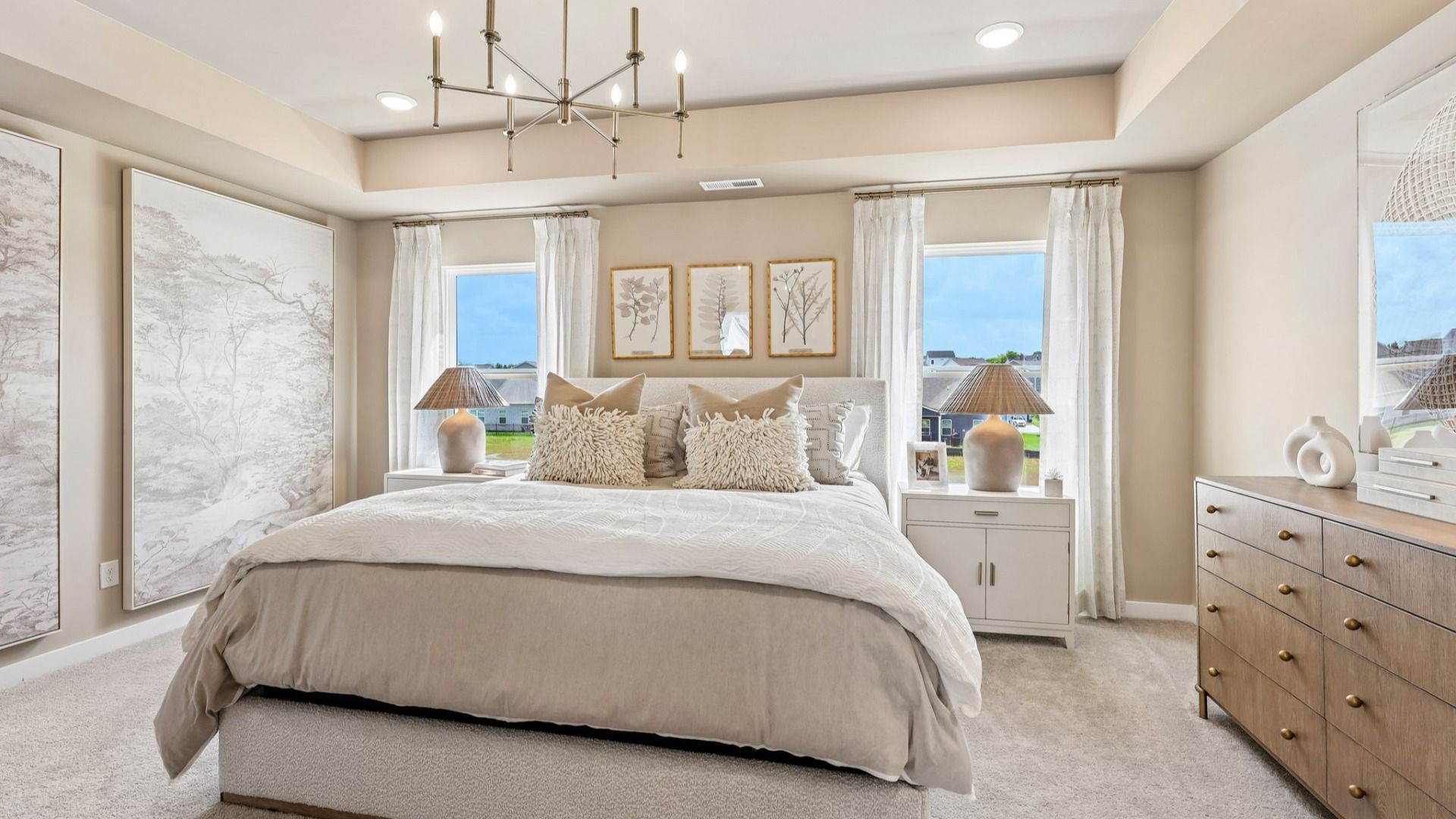 Primary suite with tray ceiling, windows, and carpet